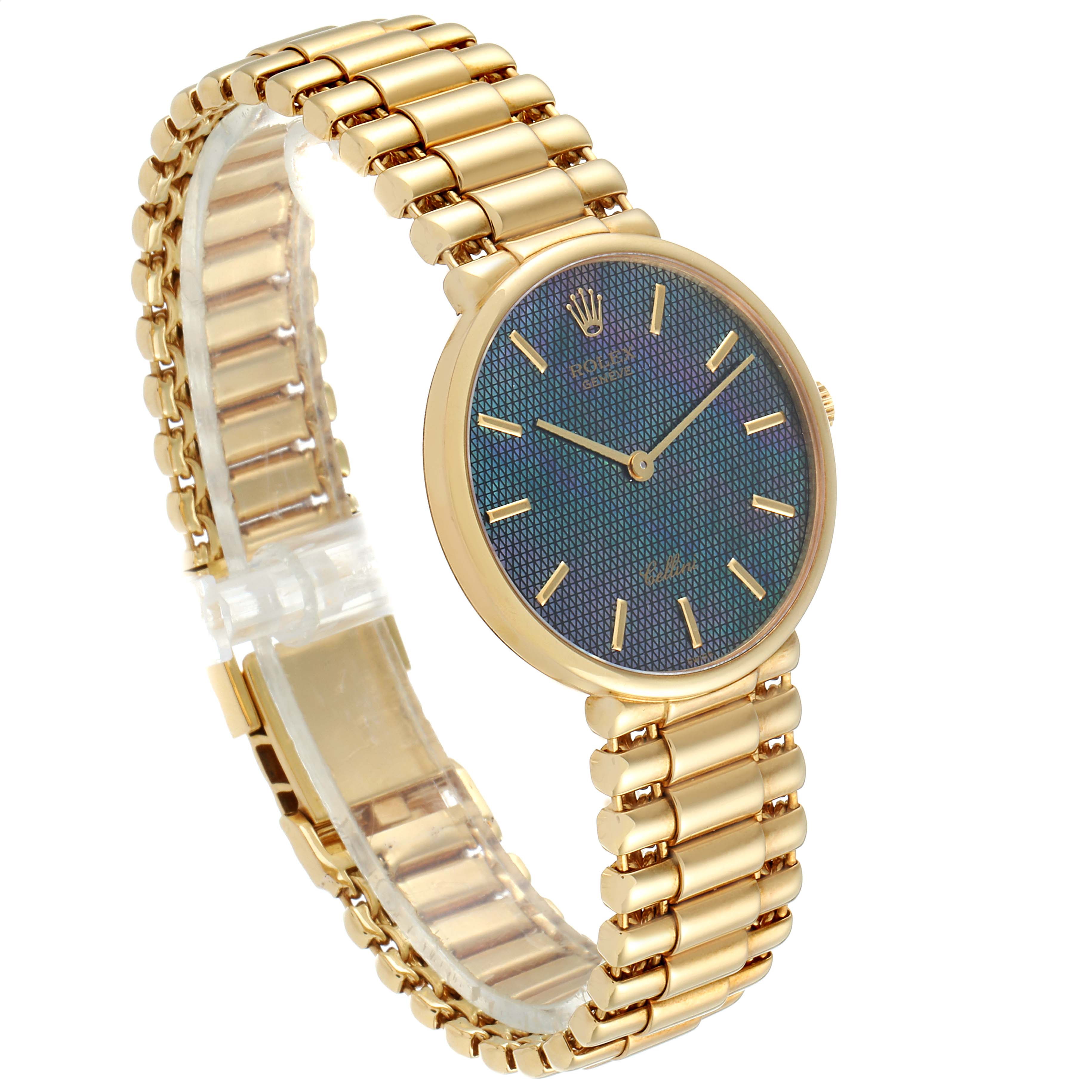 The image shows a Rolex Cellini 5162 Men
s Yellow Gold Mother of Pearl Dial 5162 Men
s Yellow Gold Mother of Pearl Dial watch from a front-left angle, highlighting the gold bracelet and blue textured dial with gold indices.
