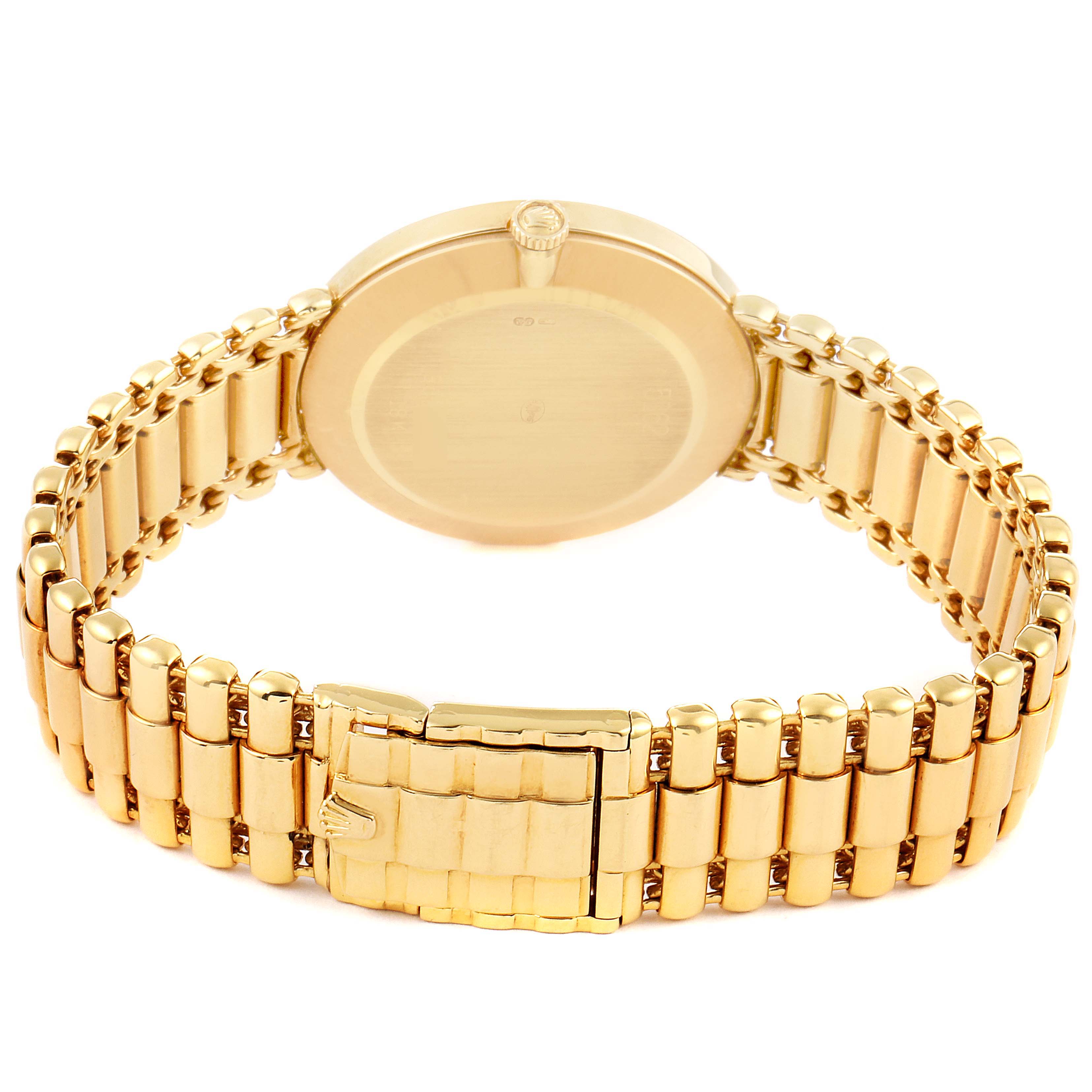 The image shows the back and clasp of a Rolex Cellini 5162 Men
s Yellow Gold Mother of Pearl Dial 5162 Men
s Yellow Gold Mother of Pearl Dial watch, with a focus on the bracelet.