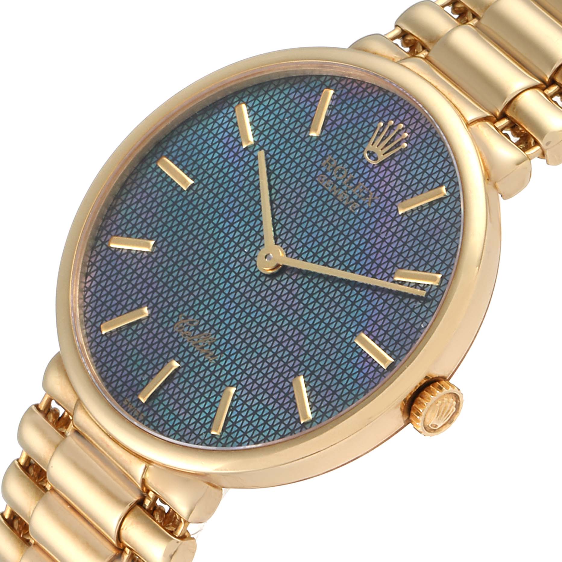 The image shows a close-up angle of a Rolex Cellini 5162 Men
s Yellow Gold Mother of Pearl Dial 5162 Men
s Yellow Gold Mother of Pearl Dial watch, highlighting its blue dial, gold markers, crown, and part of the bracelet.