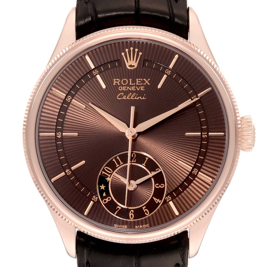 The Rolex Cellini watch is shown from a front angle, displaying its detailed dial and bezel.