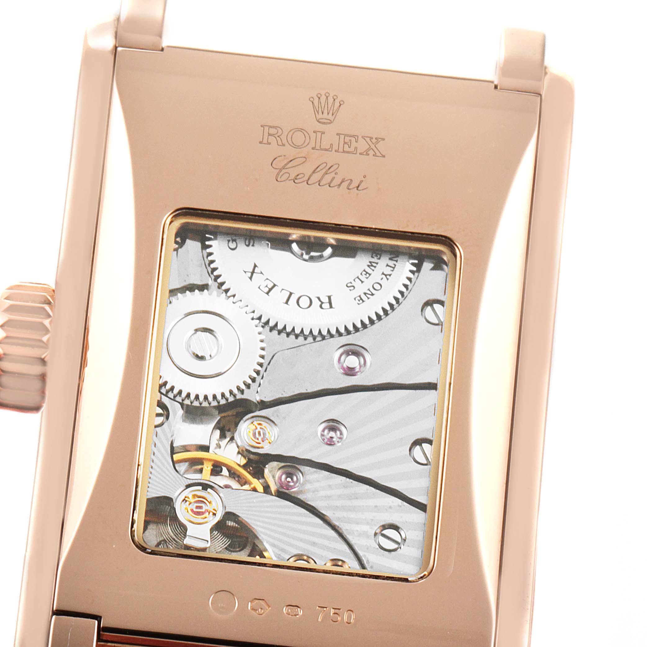 This image shows the back view of the Rolex Cellini 5442 Men's Rose Gold Black Dial 5442 Men's Rose Gold Black Dial watch, highlighting its internal mechanical movements and gears.