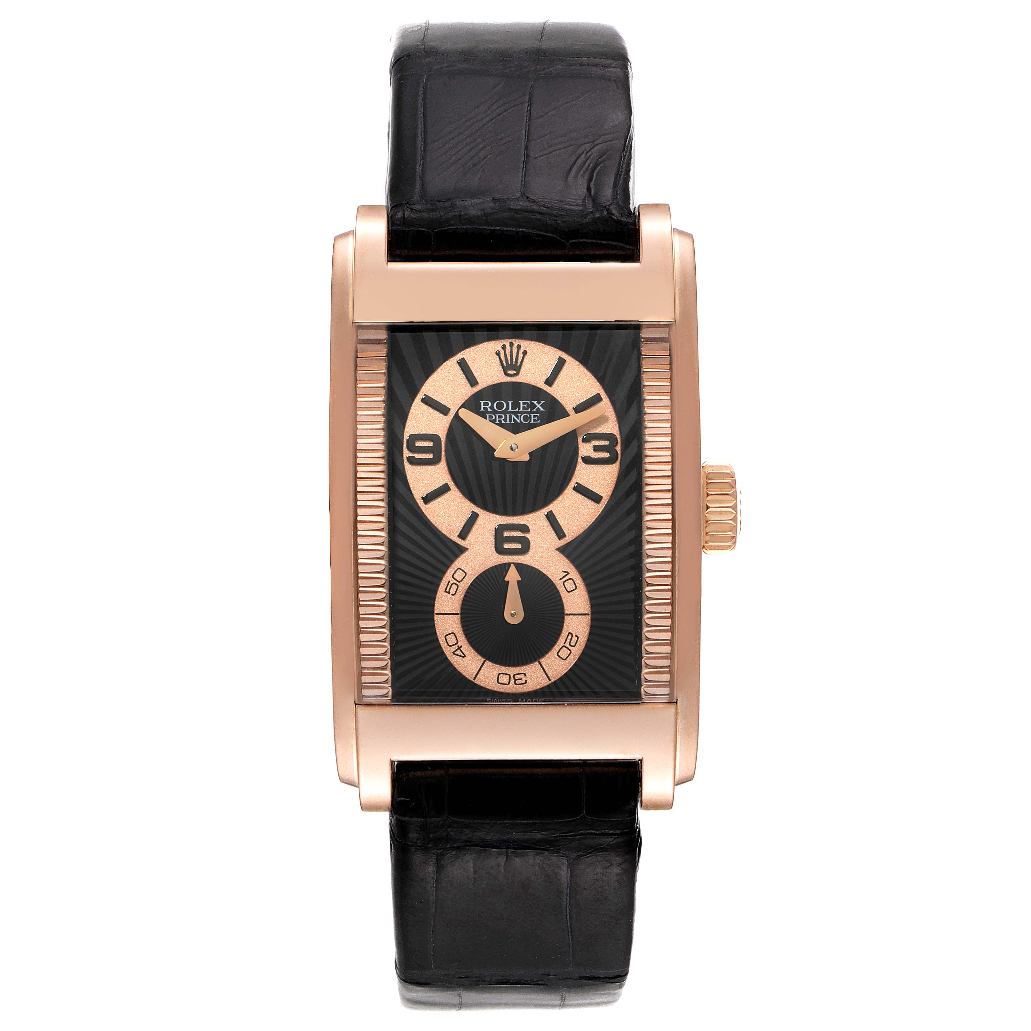 The Rolex Cellini 5442 Men's Rose Gold Black Dial 5442 Men's Rose Gold Black Dial model watch is shown from a straight-on angle featuring its face, crown, and strap.