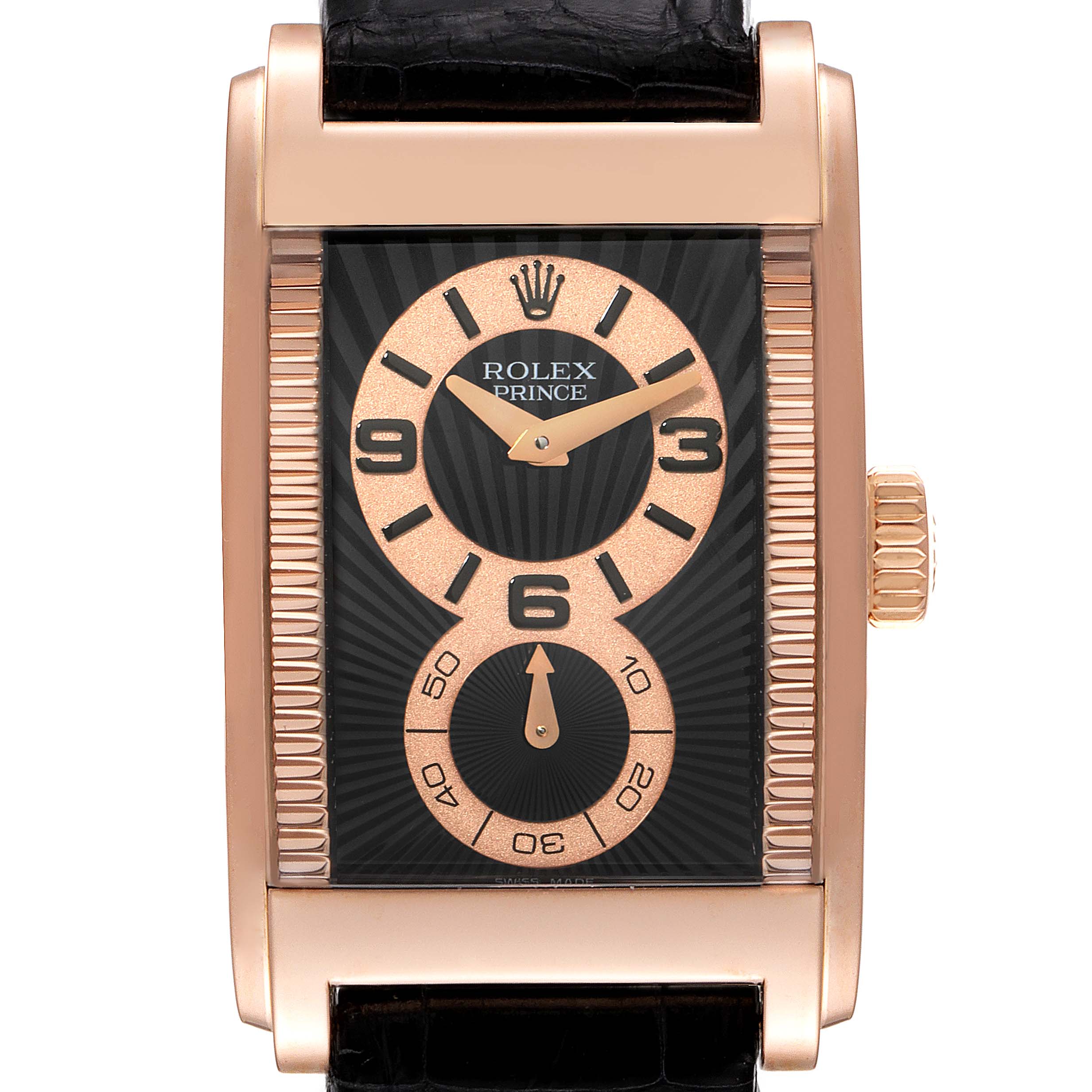 The image shows a front view of a Rolex Cellini 5442 Men's Rose Gold Black Dial 5442 Men's Rose Gold Black Dial Prince watch, highlighting the rectangular face, dial, crown, and part of the strap.