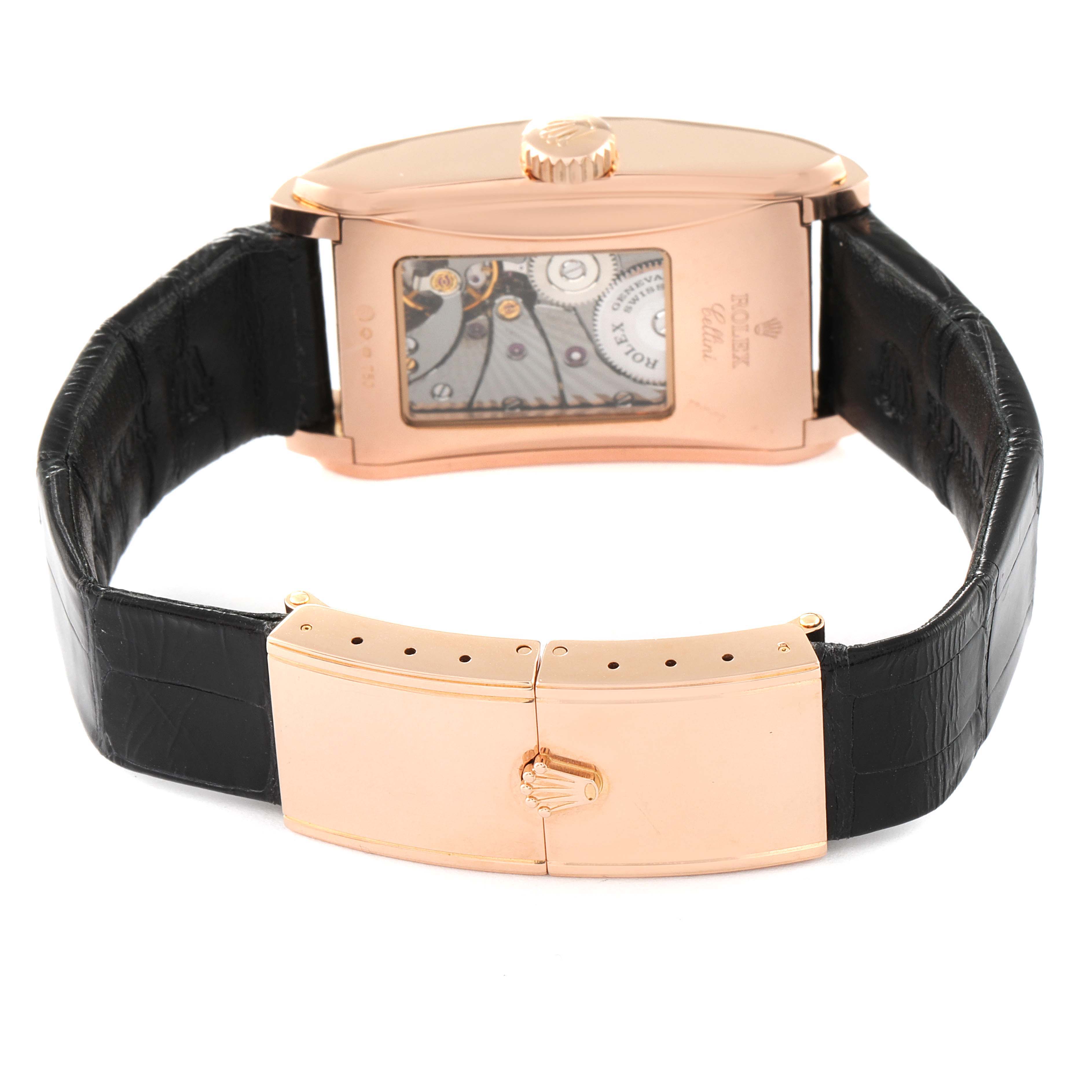 The image shows the back of a rose gold Rolex Cellini 5442 Men's Rose Gold Black Dial 5442 Men's Rose Gold Black Dial watch with its movement visible and a black leather strap.