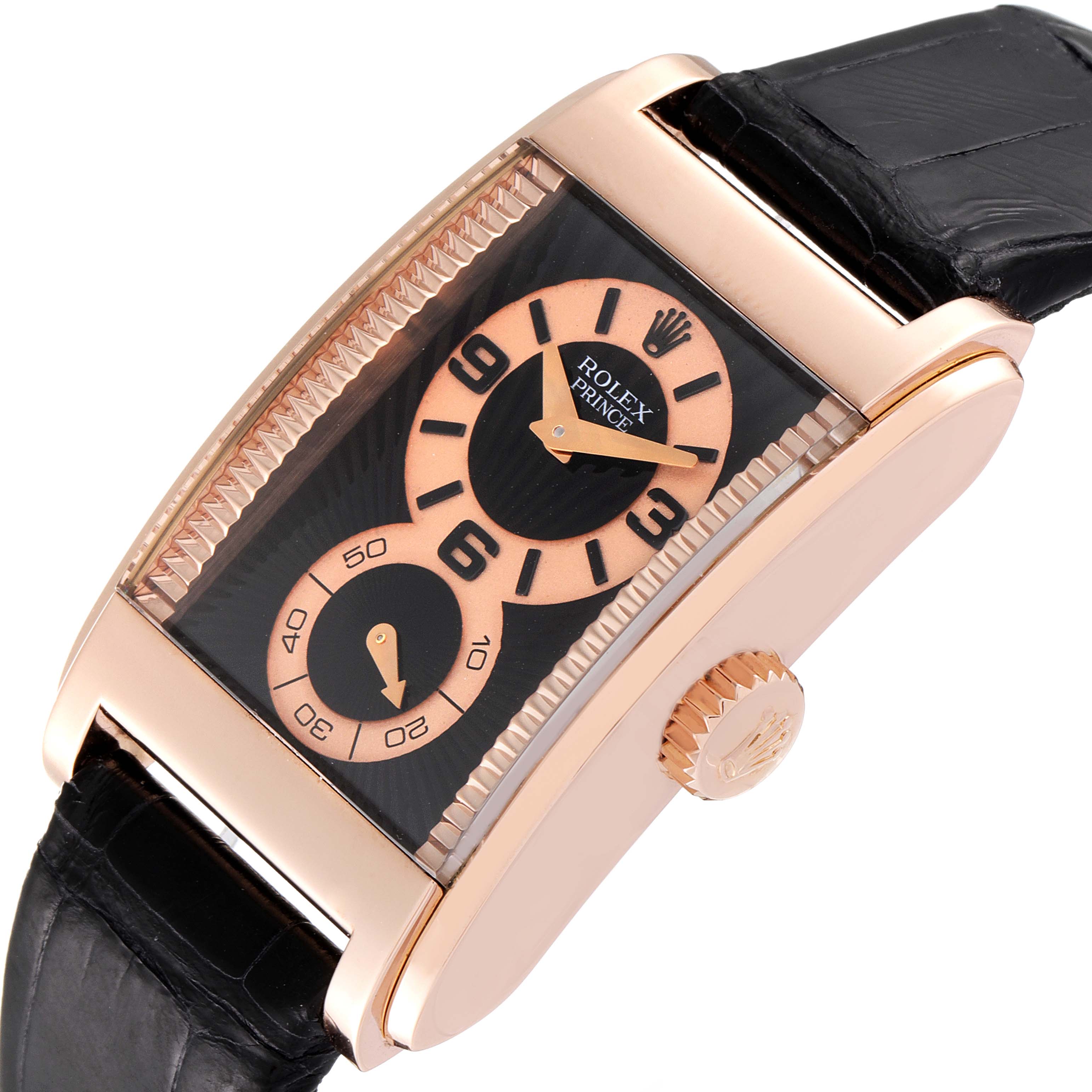 The image shows a Rolex Cellini 5442 Men's Rose Gold Black Dial 5442 Men's Rose Gold Black Dial Prince watch angled from the top-right, highlighting the dial, crown, and leather strap.