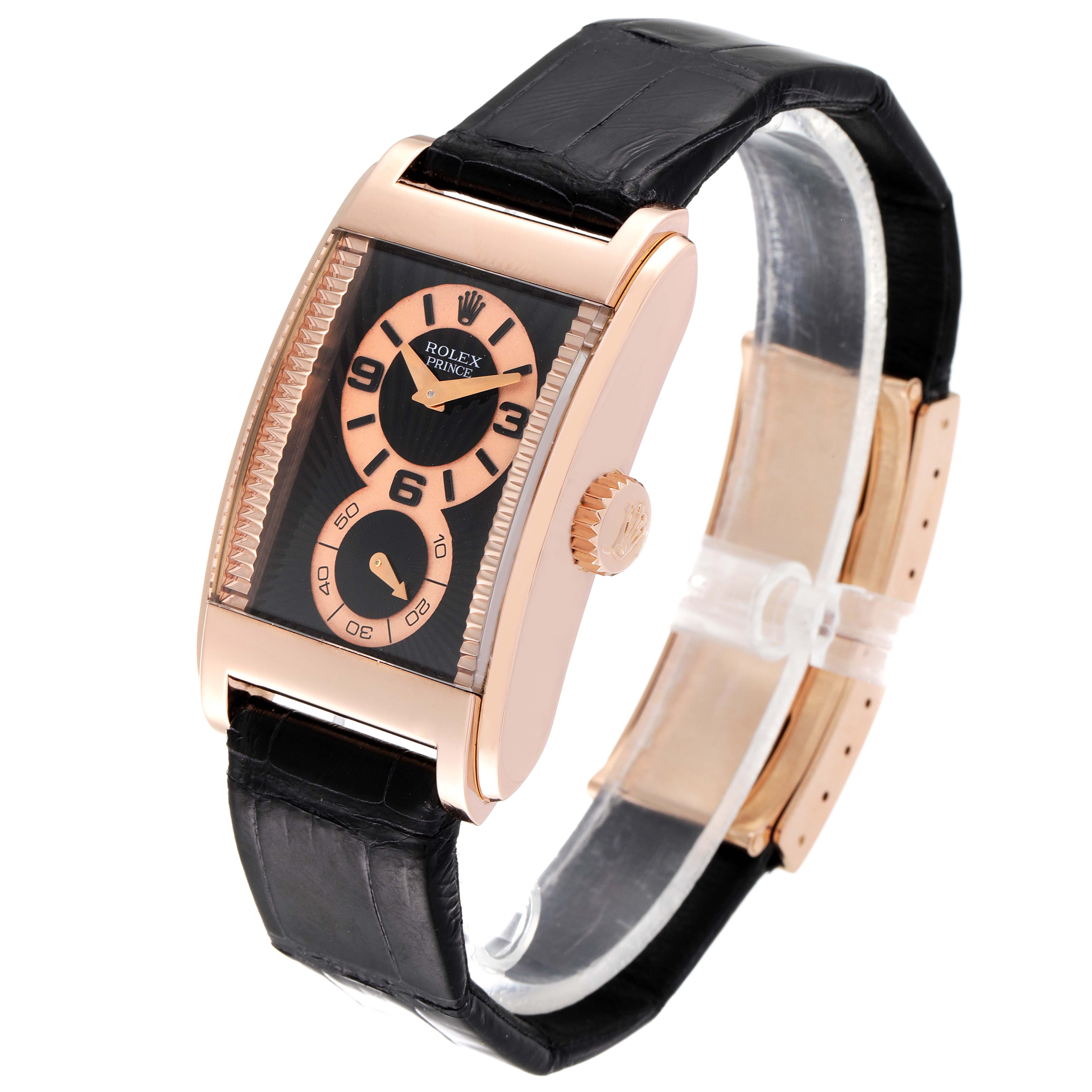 This Rolex Cellini 5442 Men's Rose Gold Black Dial 5442 Men's Rose Gold Black Dial Prince watch is shown at an angle displaying the face, crown, and leather strap.