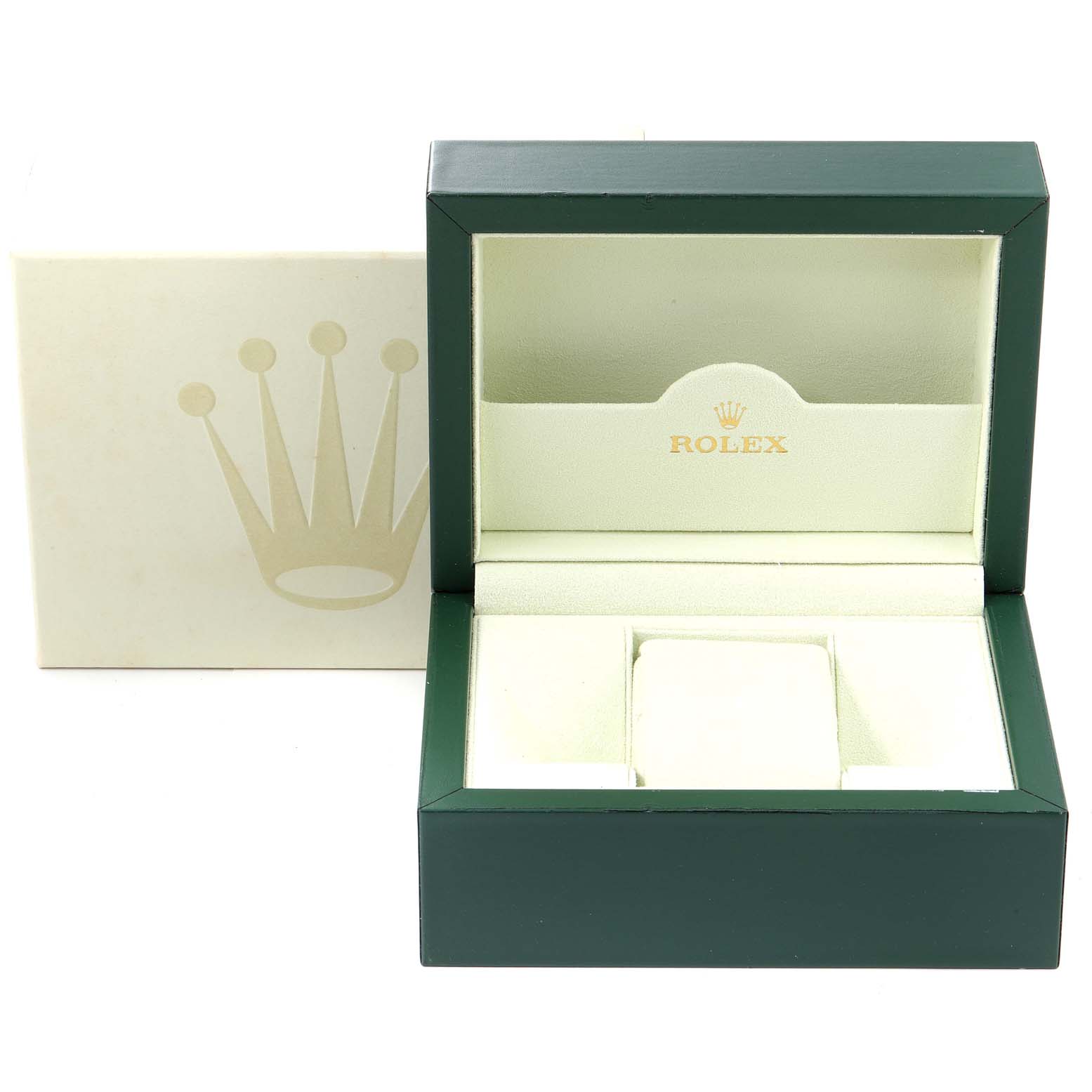 This image shows an open and empty Rolex Cellini 5442 Men's Rose Gold Black Dial 5442 Men's Rose Gold Black Dial watch box with a green exterior and cream interior, alongside its branded outer box.