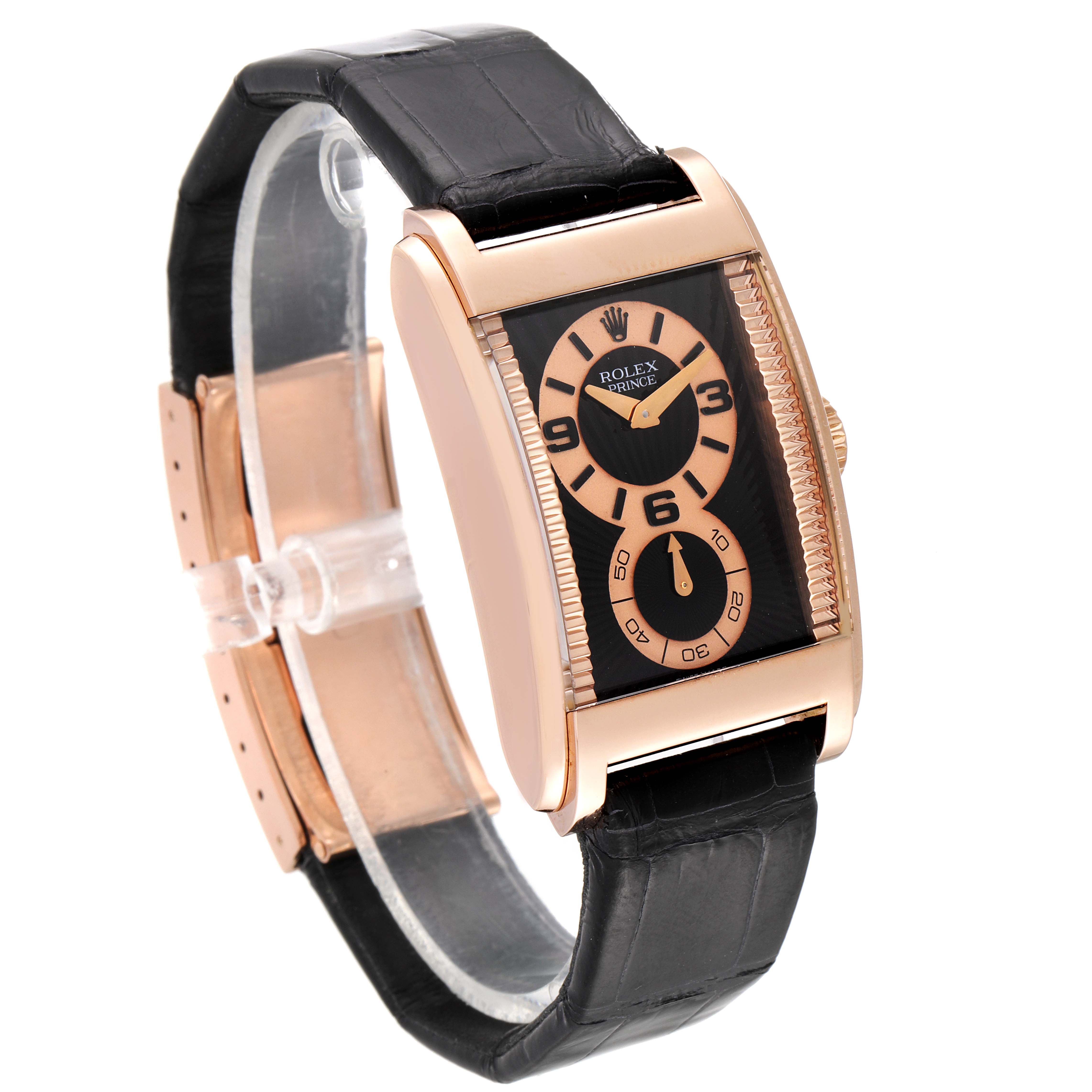 The Rolex Cellini 5442 Men's Rose Gold Black Dial 5442 Men's Rose Gold Black Dial Prince watch is shown at a three-quarter angle, highlighting its rectangular face and black leather strap.