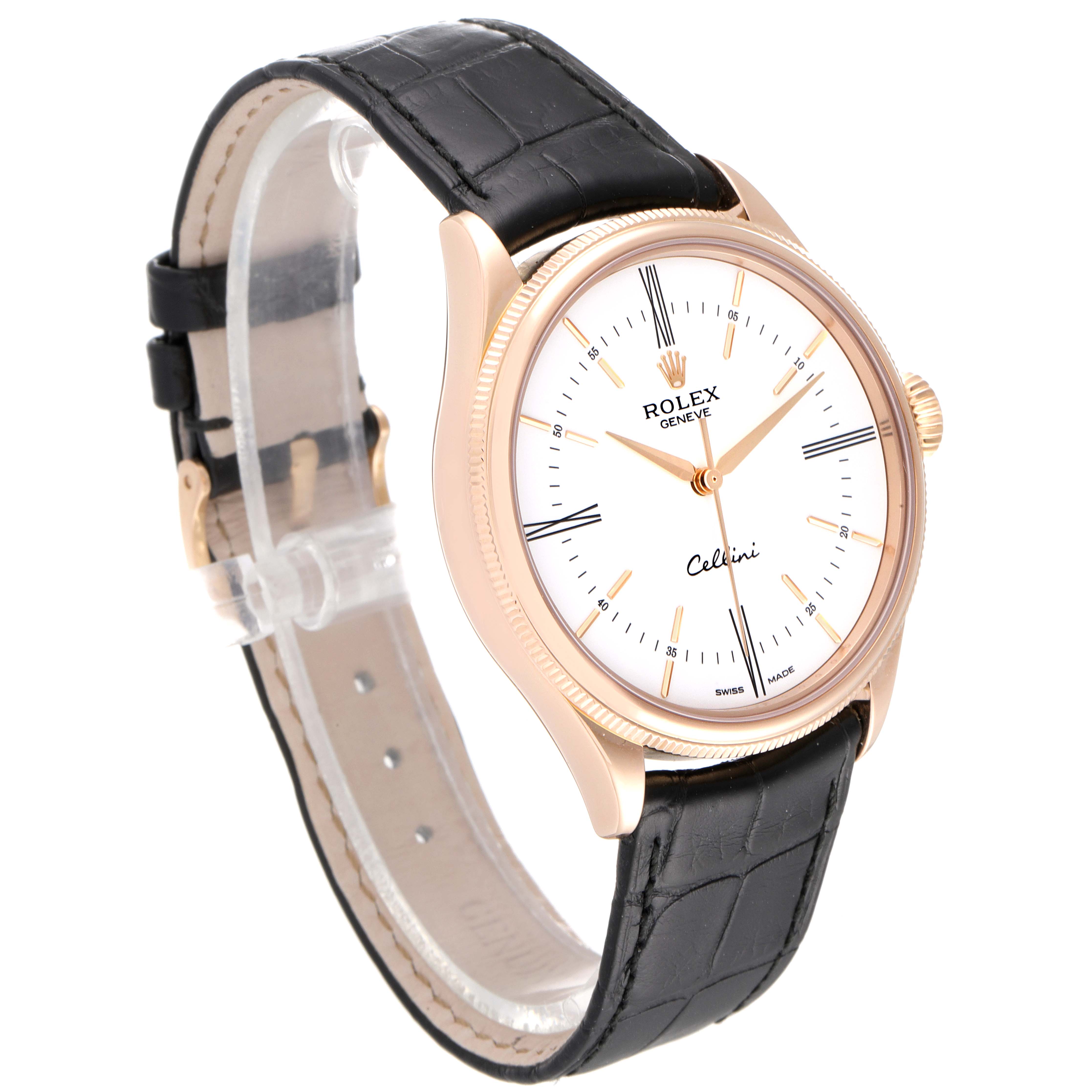 The image shows a Rolex Cellini 50505 Men
s Rose Gold White Dial 50505 Men
s Rose Gold White Dial watch at a three-quarter angle, highlighting the white dial, gold case, and black leather strap.