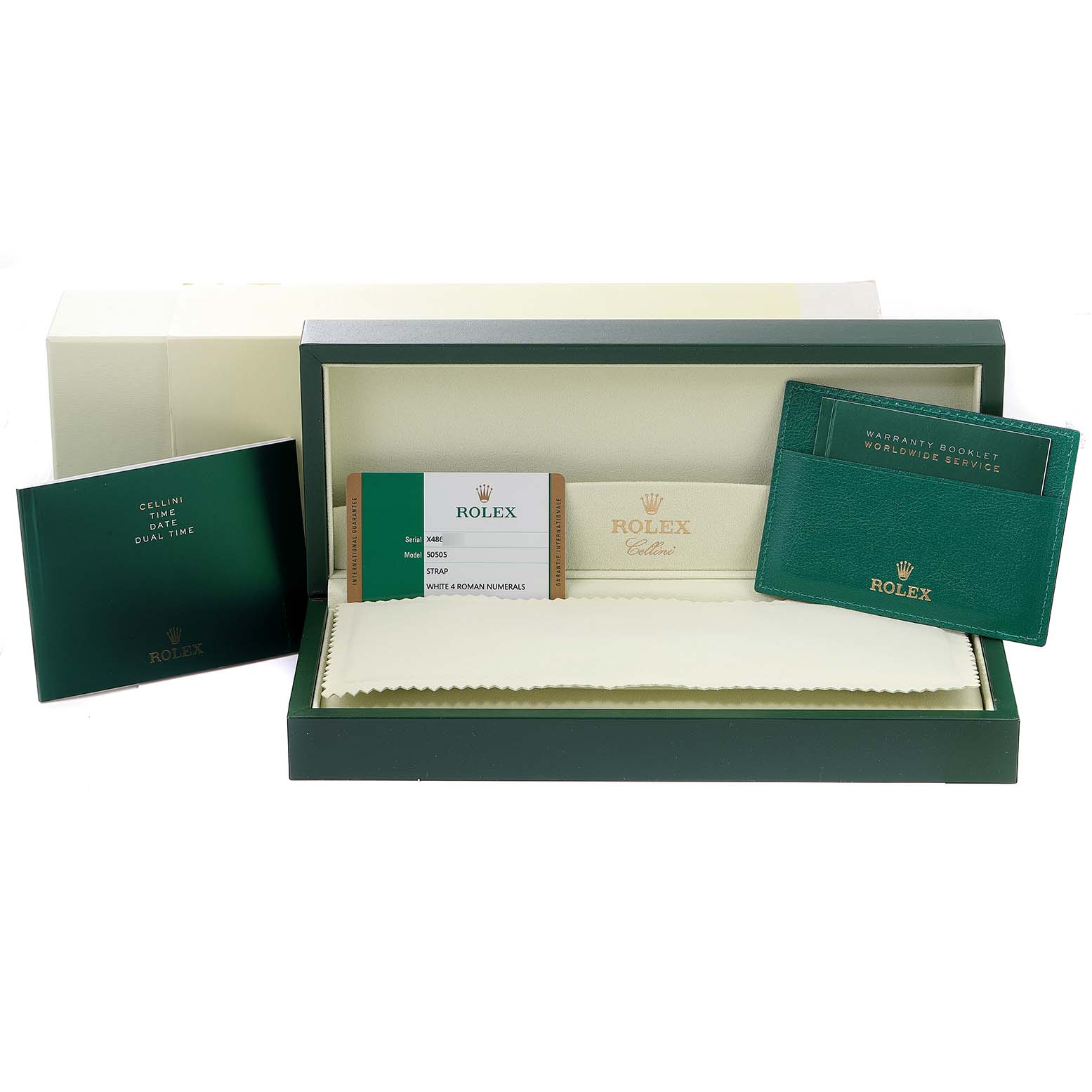 The image shows an open Rolex Cellini 50505 Men
s Rose Gold White Dial 50505 Men
s Rose Gold White Dial watch box with warranty booklet, user manual, and Best Quality
ity card.