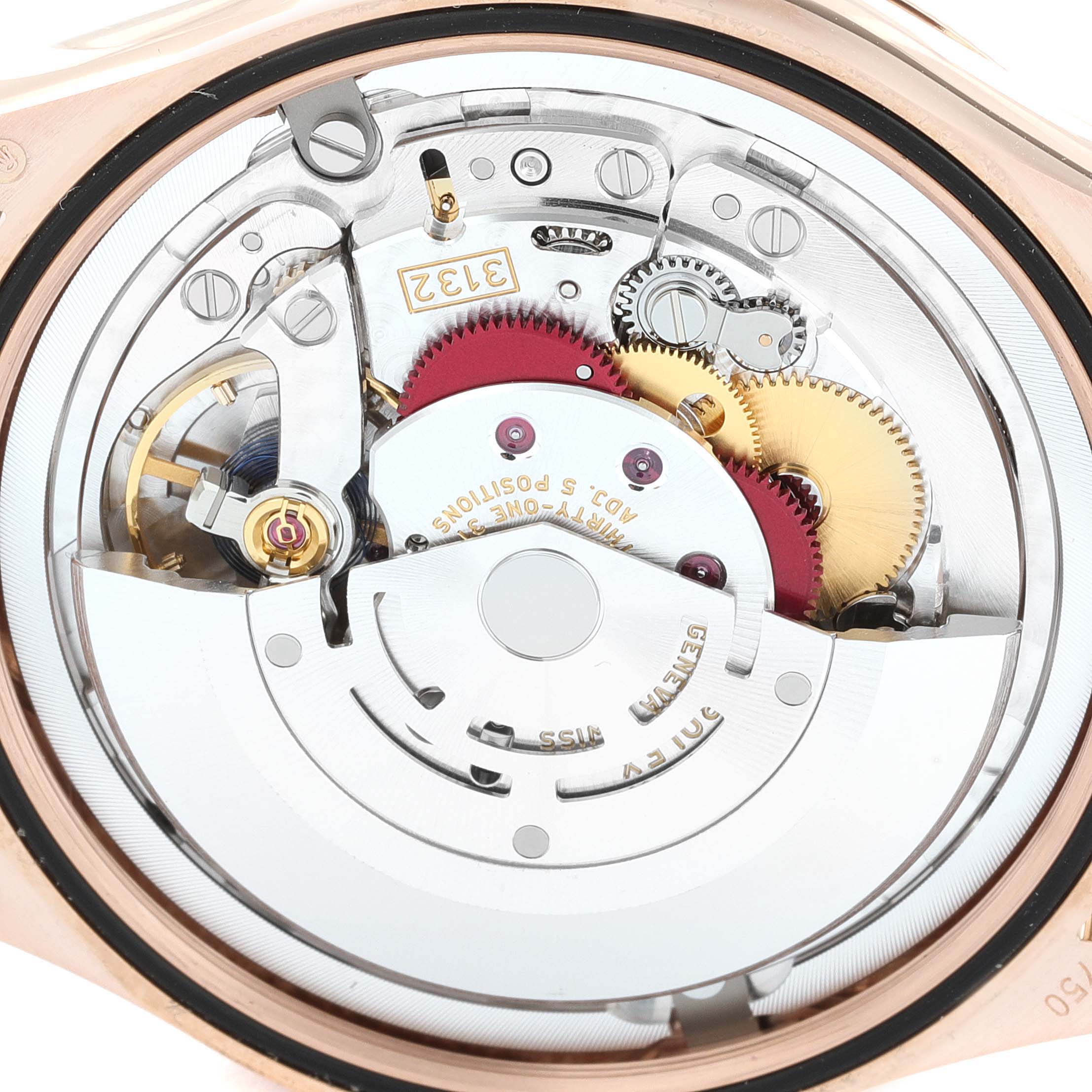The image shows a close-up of the movement mechanism of a Rolex Cellini 50505 Men
s Rose Gold White Dial 50505 Men
s Rose Gold White Dial watch from the back.