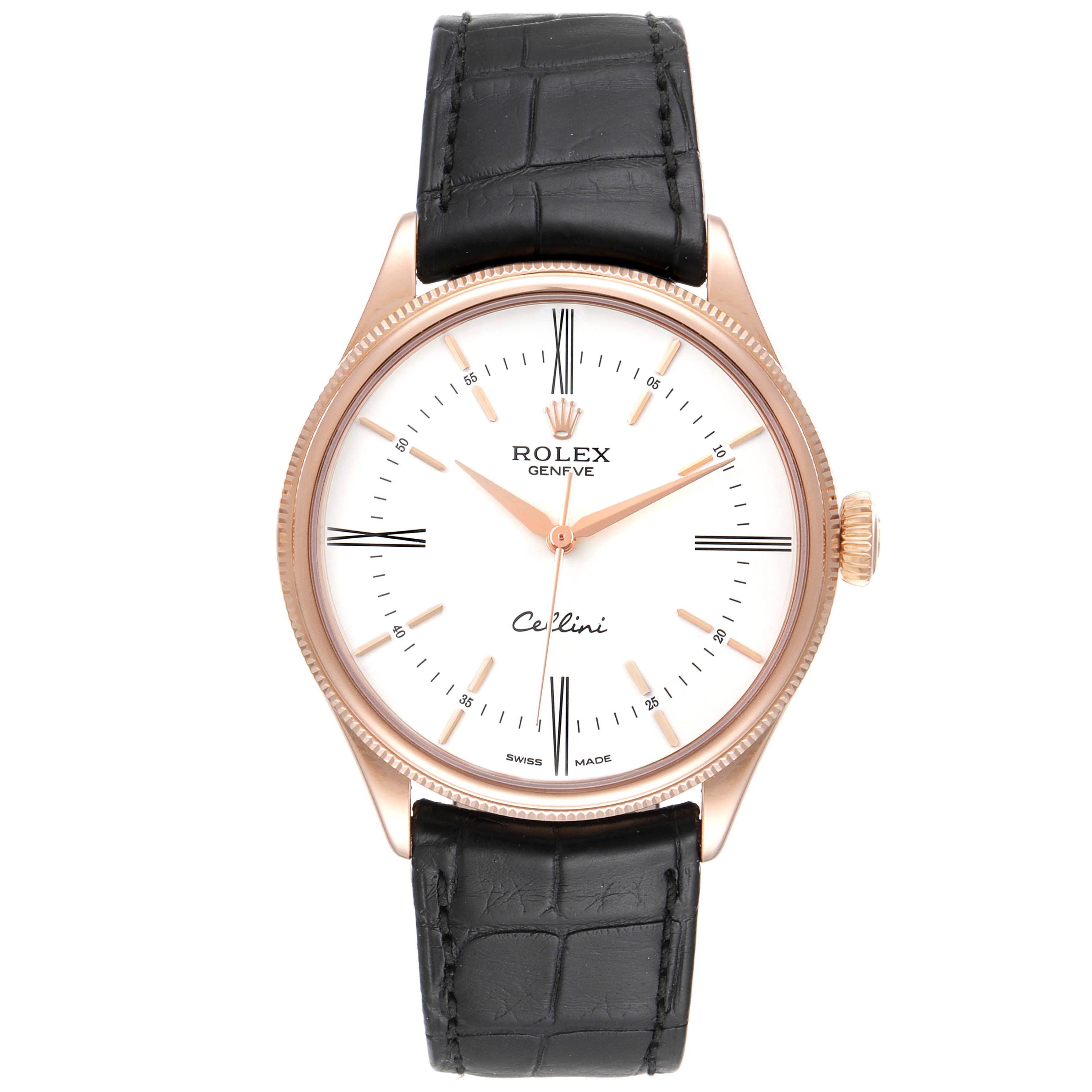 The Rolex Cellini 50505 Men
s Rose Gold White Dial 50505 Men
s Rose Gold White Dial watch is shown from the front, displaying its white dial, rose gold case, and black leather strap.