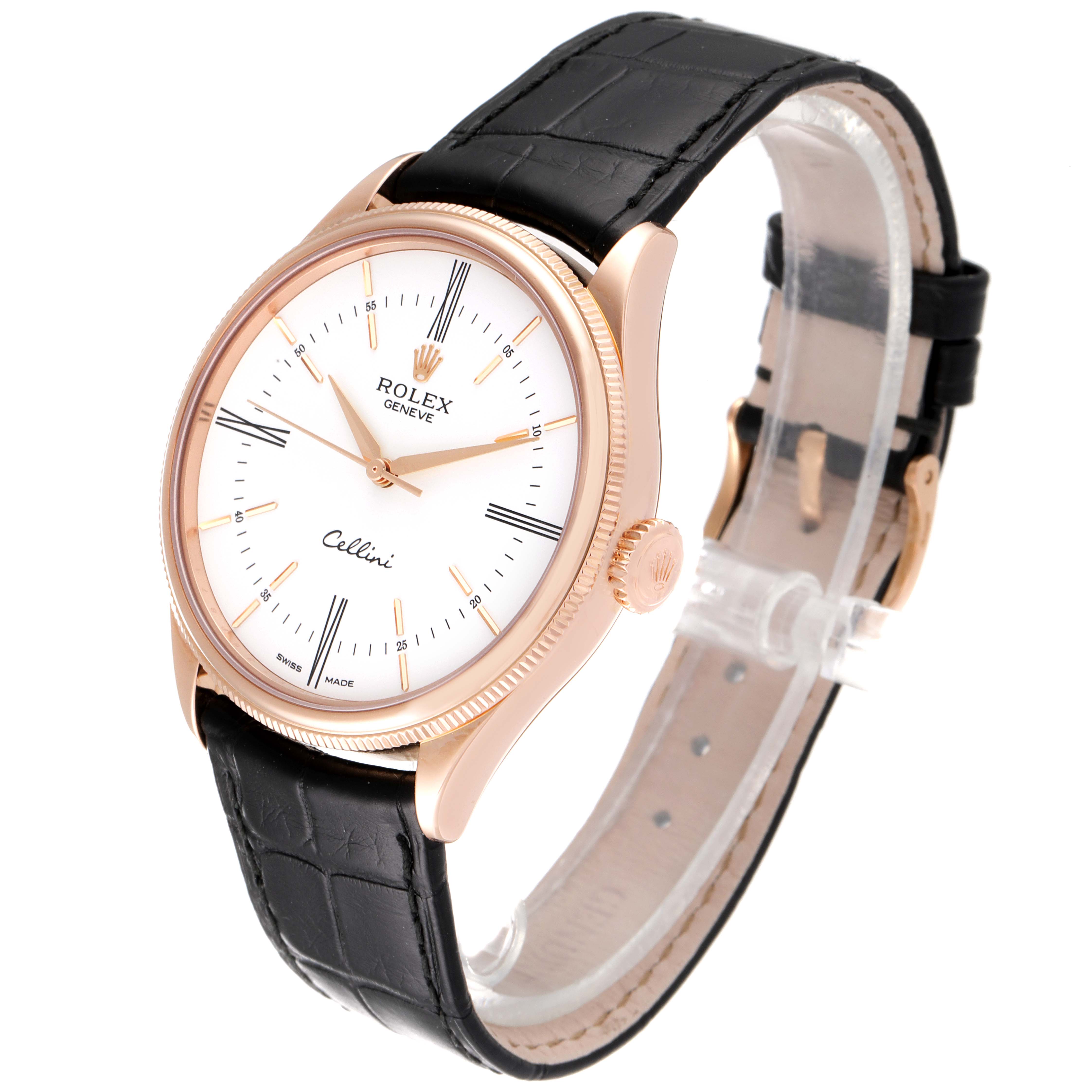 The image shows a Rolex Cellini 50505 Men
s Rose Gold White Dial 50505 Men
s Rose Gold White Dial watch at a three-quarters angle, featuring the face, case, crown, and leather strap.
