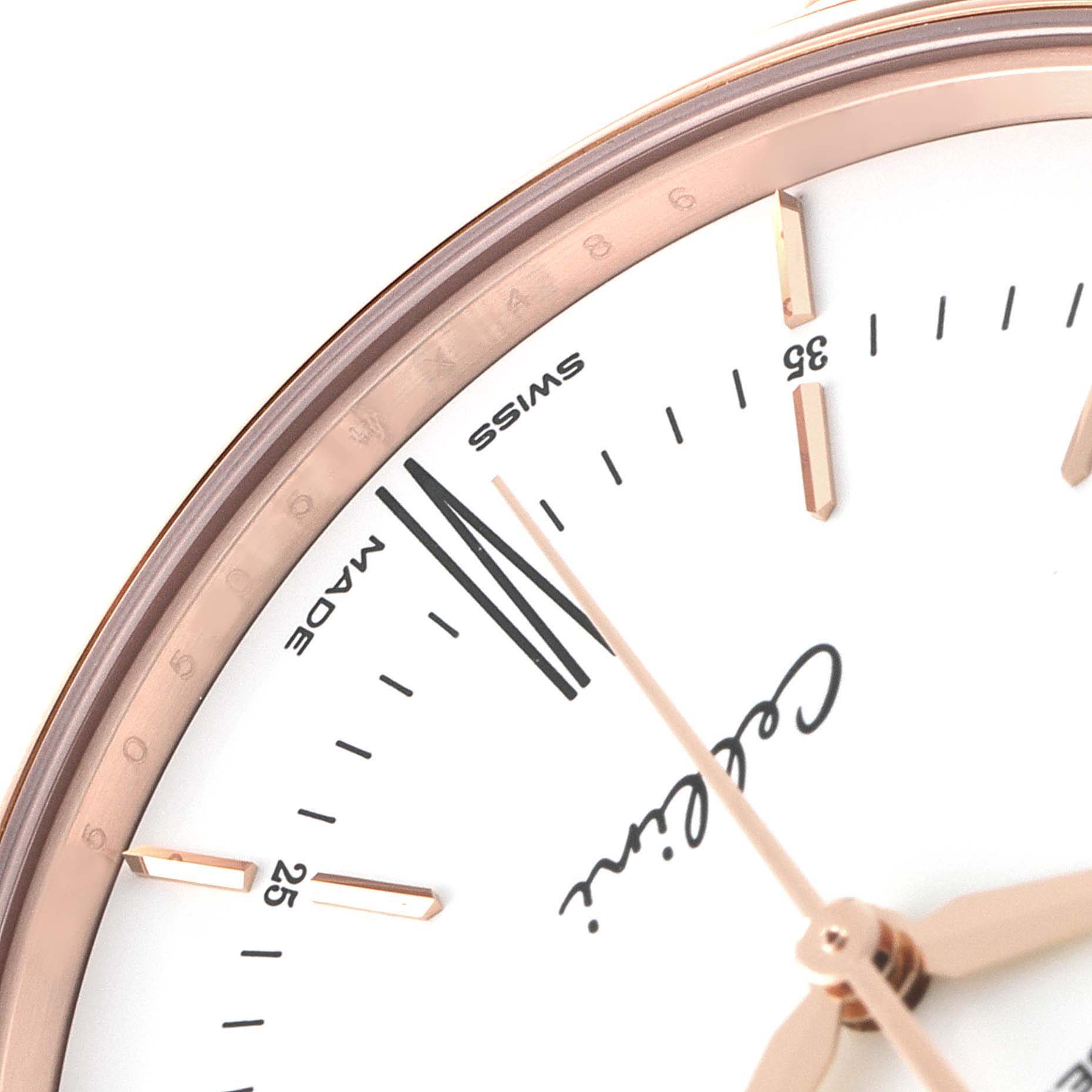This image shows a close-up of the dial, hands, and markers of a Rolex Cellini 50505 Men
s Rose Gold White Dial 50505 Men
s Rose Gold White Dial watch viewed from an oblique angle.