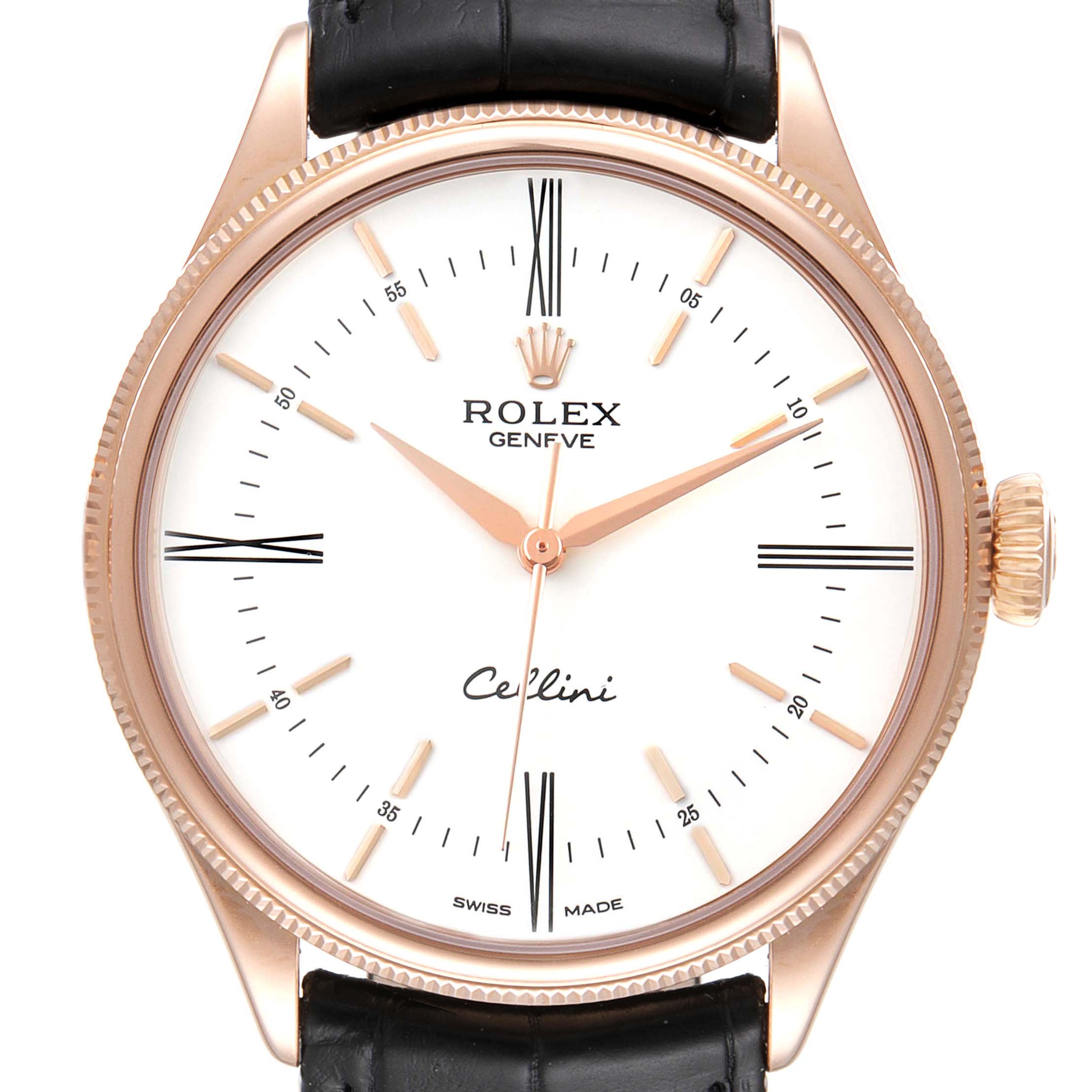 The image shows a frontal view of the Rolex Cellini 50505 Men
s Rose Gold White Dial 50505 Men
s Rose Gold White Dial model watch, highlighting the dial, hands, and crown.