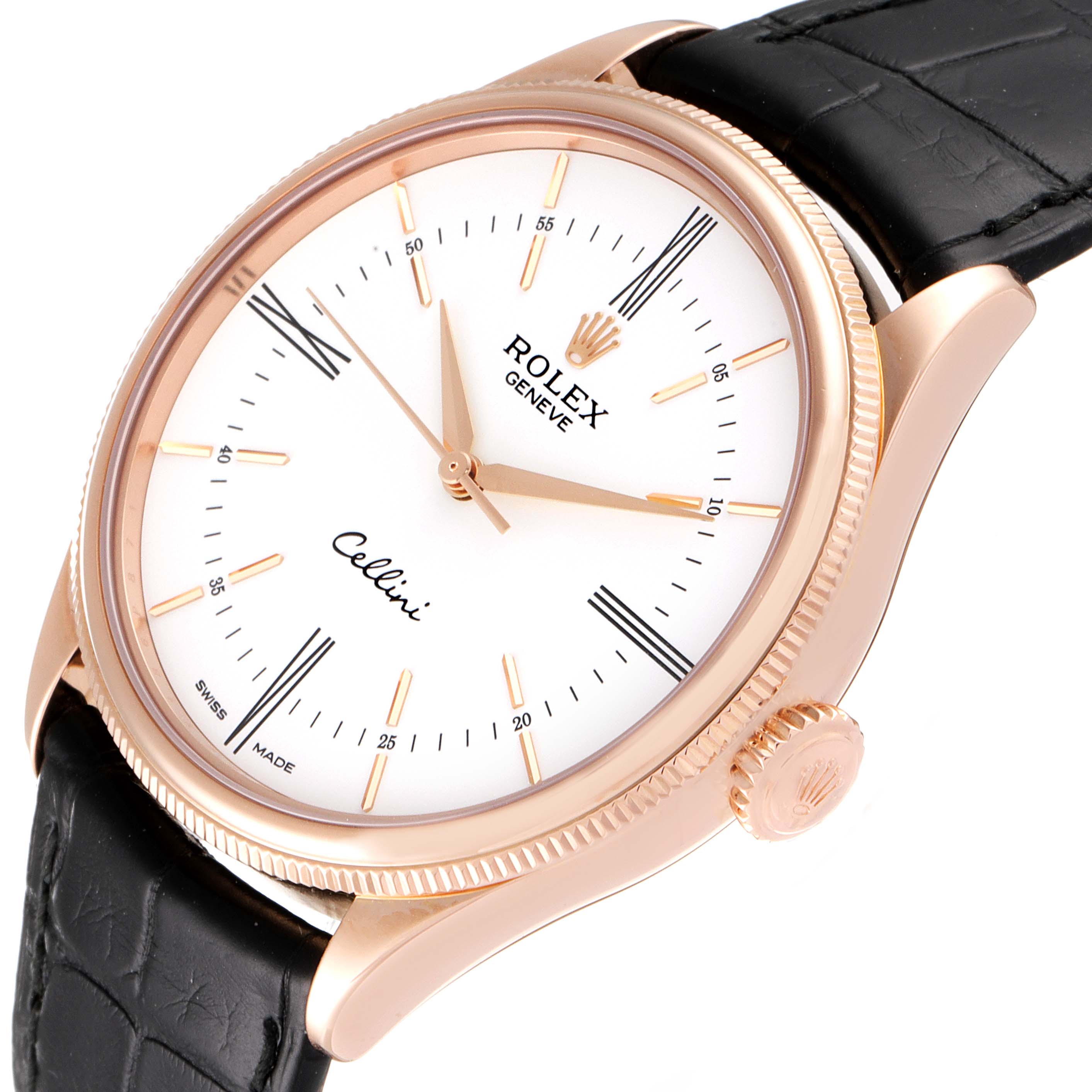 The image shows a close-up angle of a Rolex Cellini 50505 Men
s Rose Gold White Dial 50505 Men
s Rose Gold White Dial watch, displaying its dial, crown, bezel, and black leather strap.