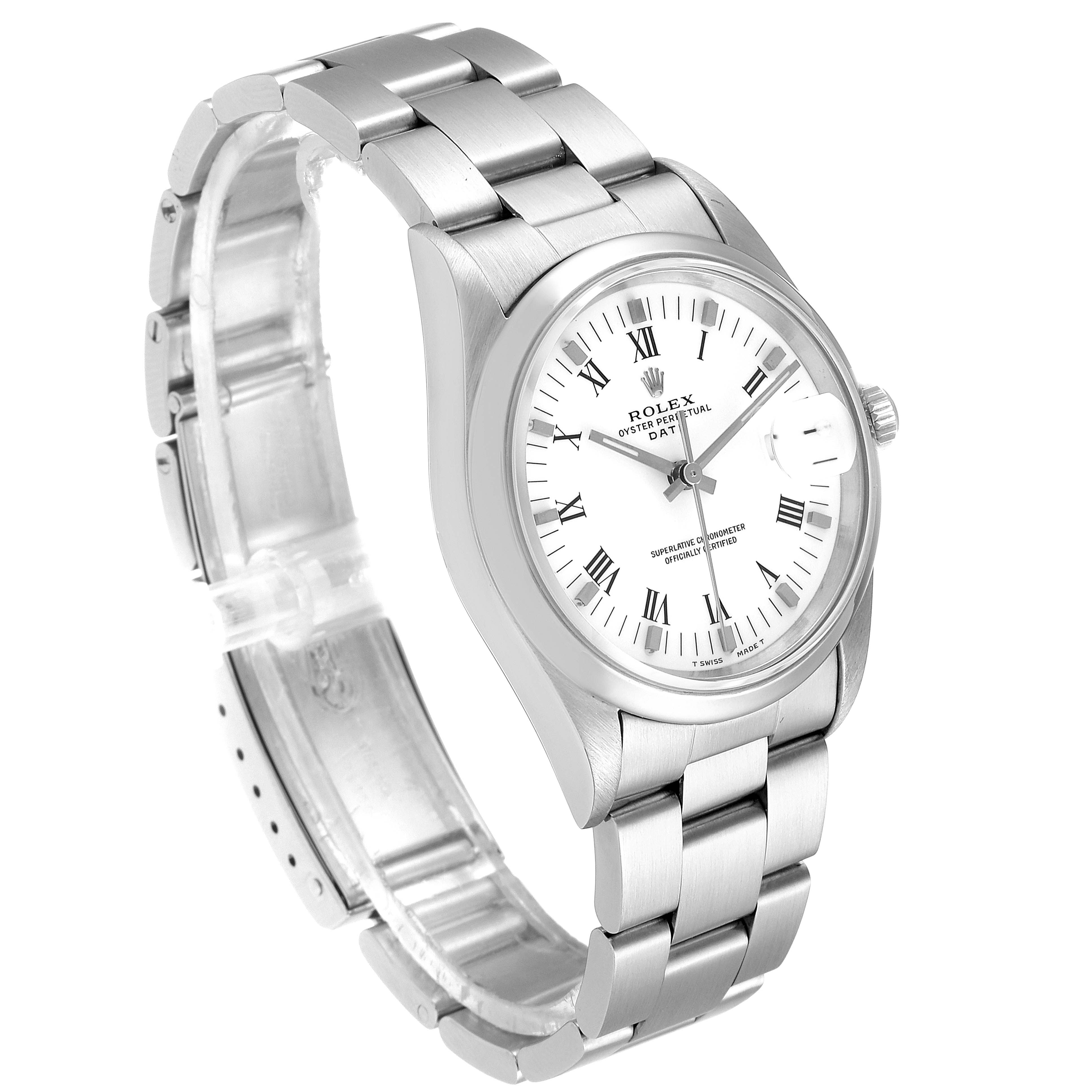 This image shows a Date model Rolex watch at a three-quarter angle, highlighting its face, bracelet, and case.