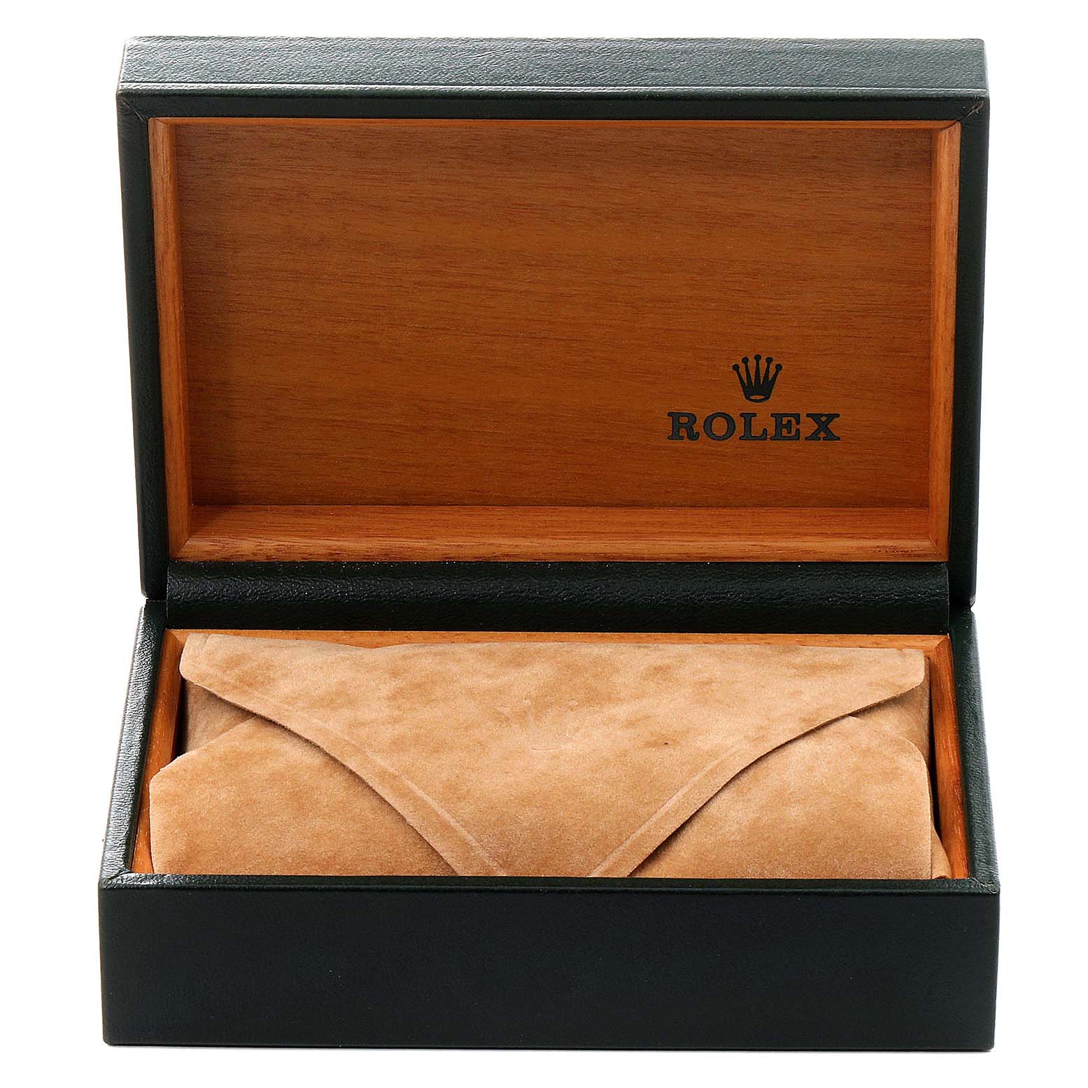 This image shows an open Rolex Date 15200 Men's Stainless Steel White Dial 15200 Men's Stainless Steel White Dial model watch box with a leather pouch inside.