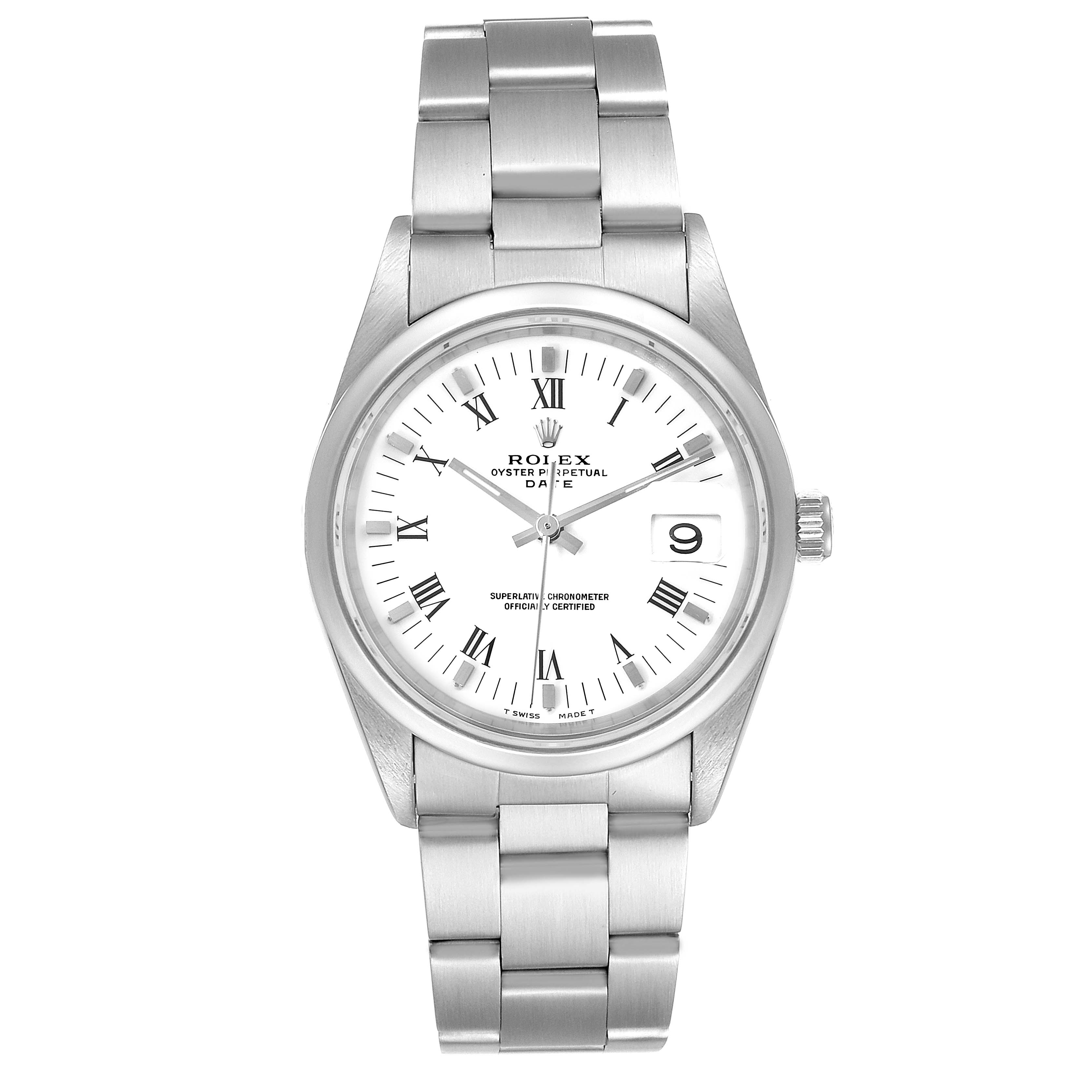 This image shows a front view of a Rolex Date 15200 Men's Stainless Steel White Dial 15200 Men's Stainless Steel White Dial model watch, displaying the dial, hands, markers, and bracelet.