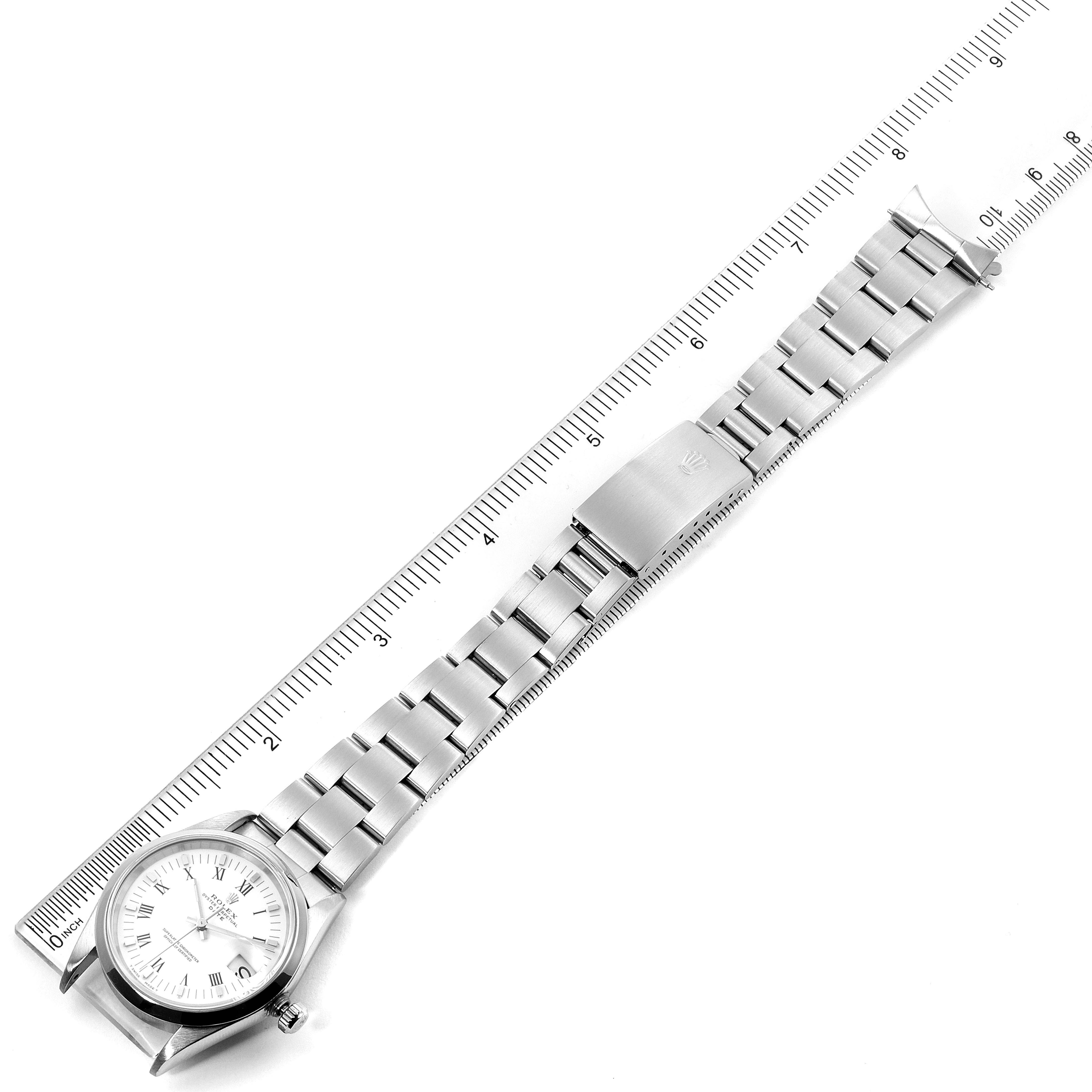 The image shows a top-down view of a Rolex Date 15200 Men's Stainless Steel White Dial 15200 Men's Stainless Steel White Dial model watch, displaying the full bracelet, clasp, and watch face.