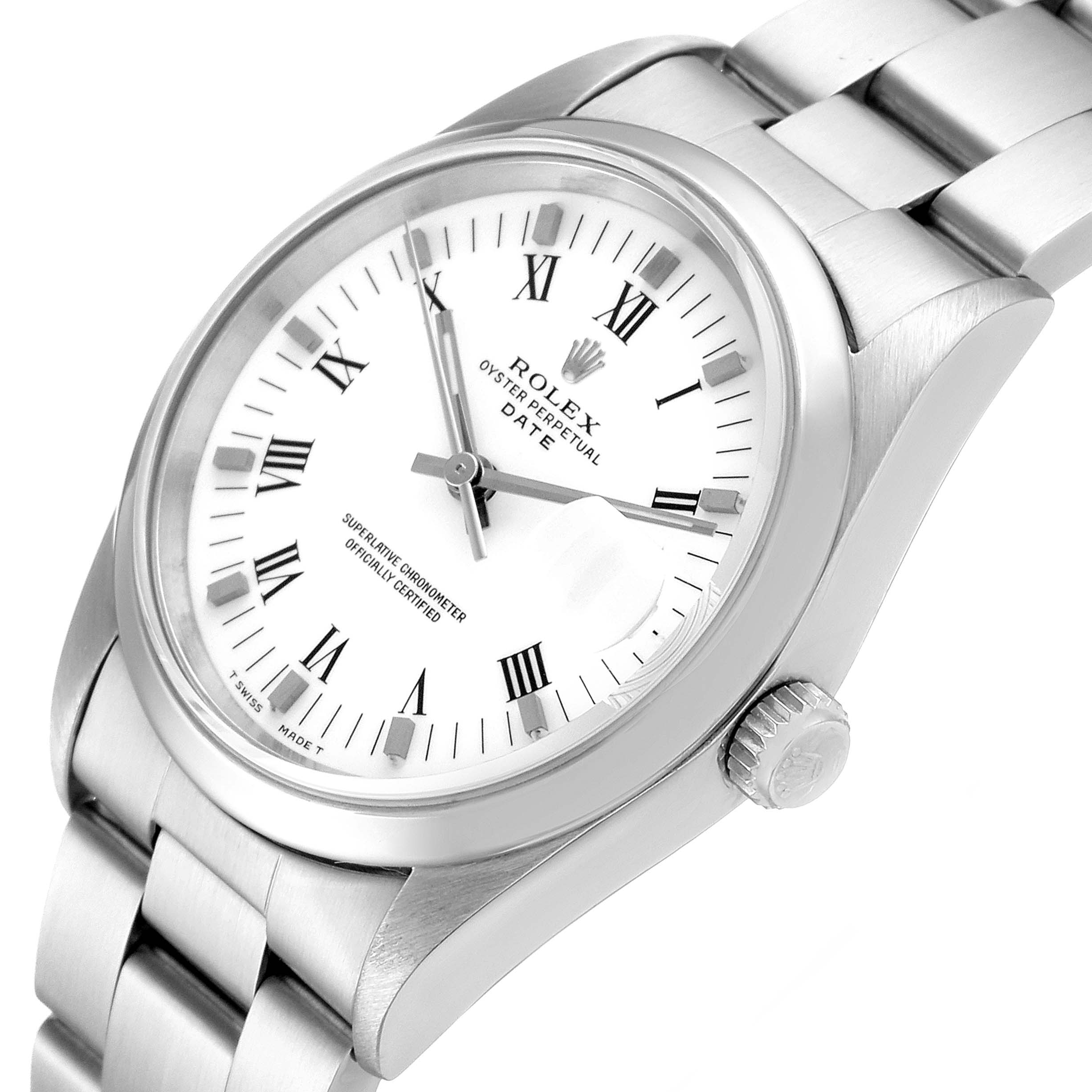 The image shows a close-up, angled view of a Rolex Date 15200 Men's Stainless Steel White Dial 15200 Men's Stainless Steel White Dial model, featuring the watch face, crown, and part of the bracelet.