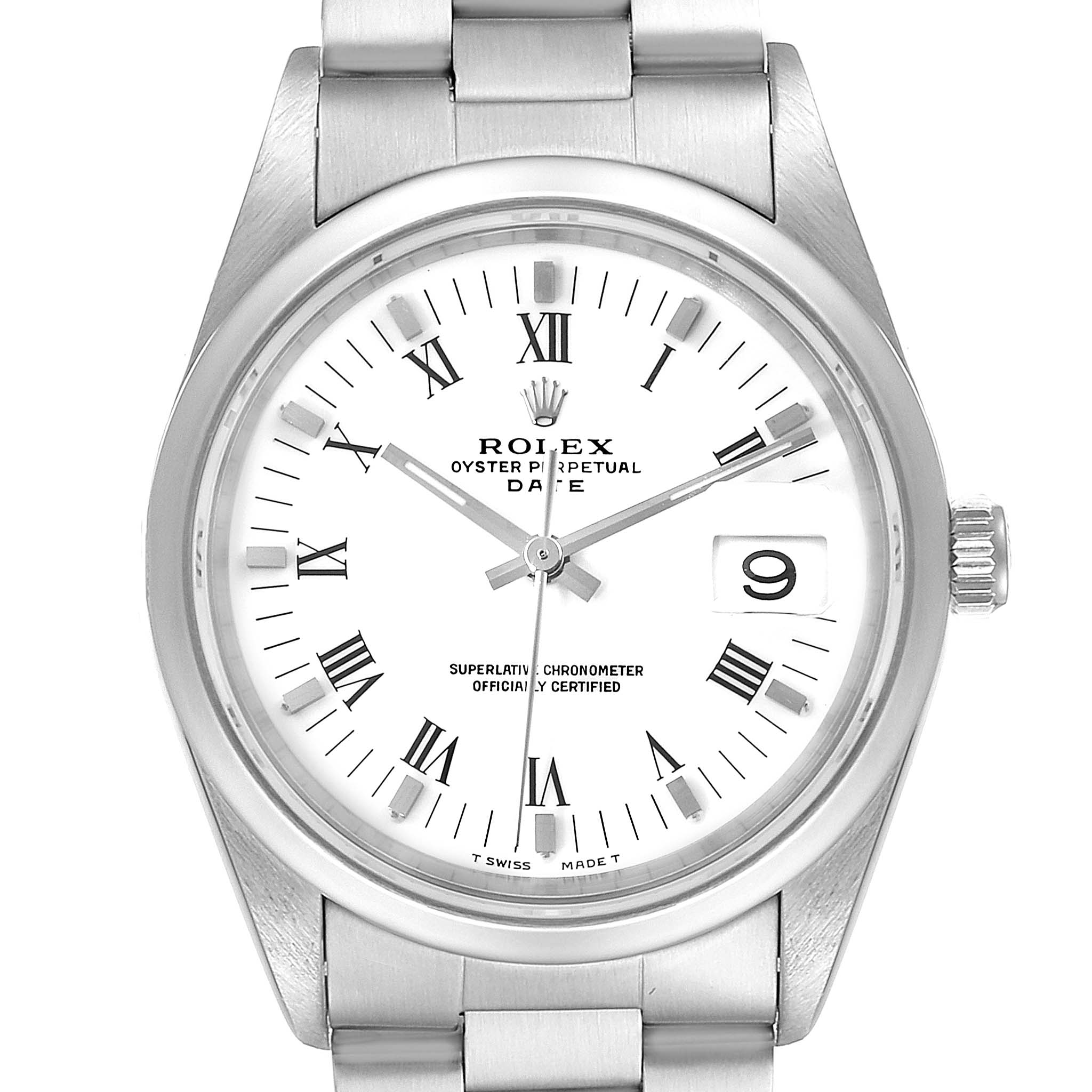 This image shows a front view of a Rolex Date 15200 Men's Stainless Steel White Dial 15200 Men's Stainless Steel White Dial watch, highlighting its dial, hands, date window, and part of the bracelet.