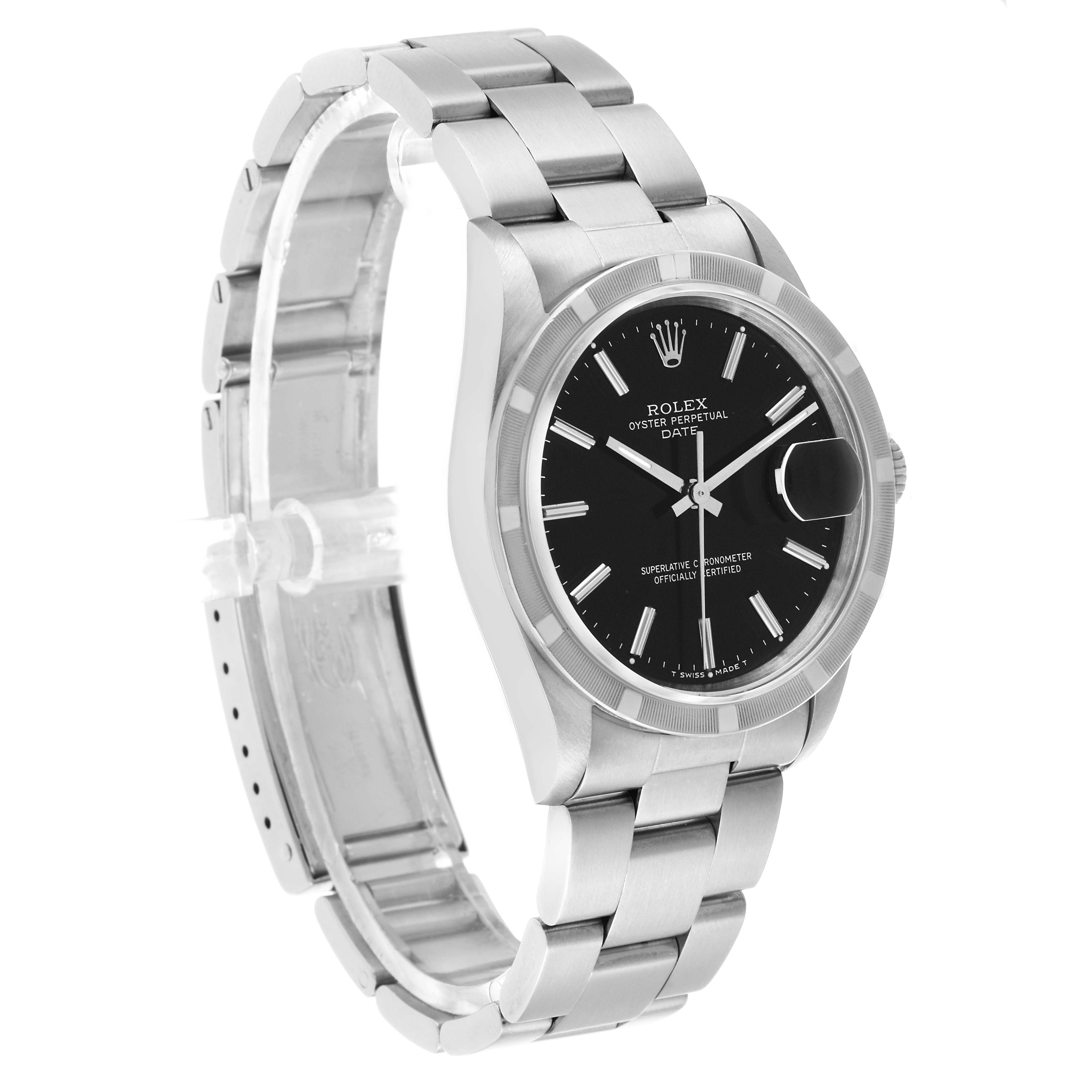 The Rolex Date 15210 Men's Stainless Steel Black Dial watch is shown at a three-quarter angle, displaying its face, bezel, case, and bracelet clearly.
