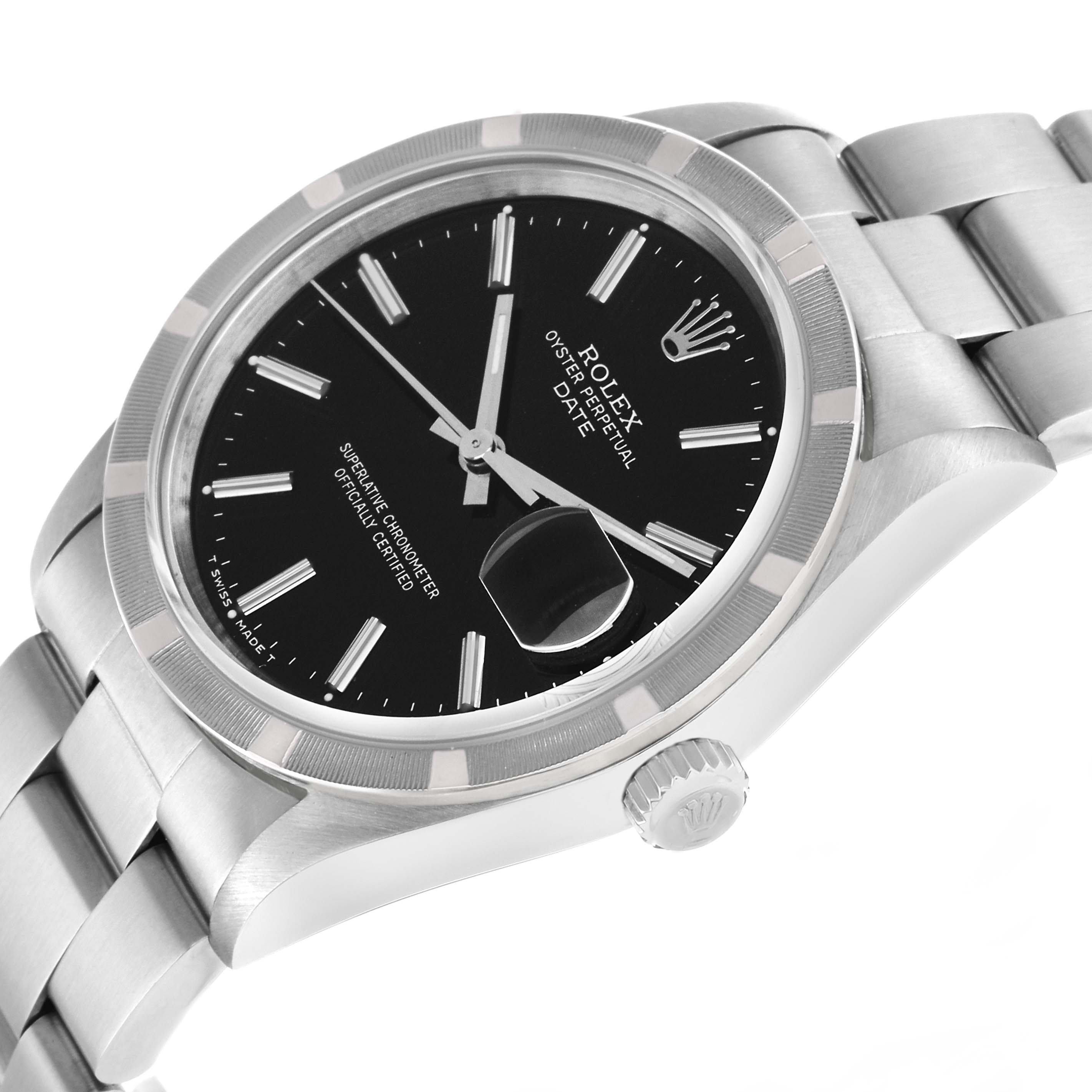 The Rolex Date 15210 Men's Stainless Steel Black Dial watch is shown at an angled view highlighting the dial, bezel, crown, and part of the bracelet.