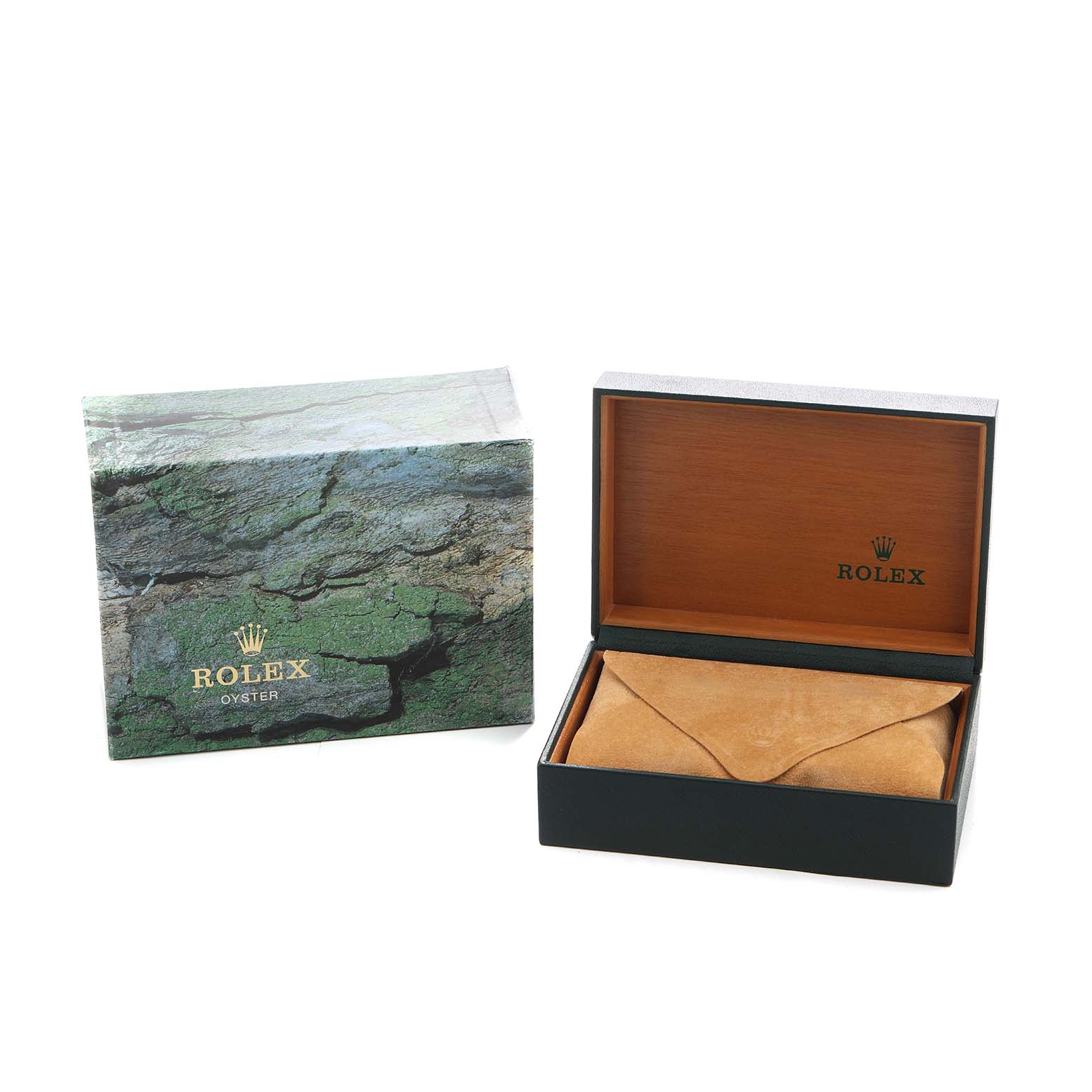 The image displays a Rolex Date 15210 Men's Stainless Steel Black Dial model watch box, featuring an open wooden interior and a closed green outer box.