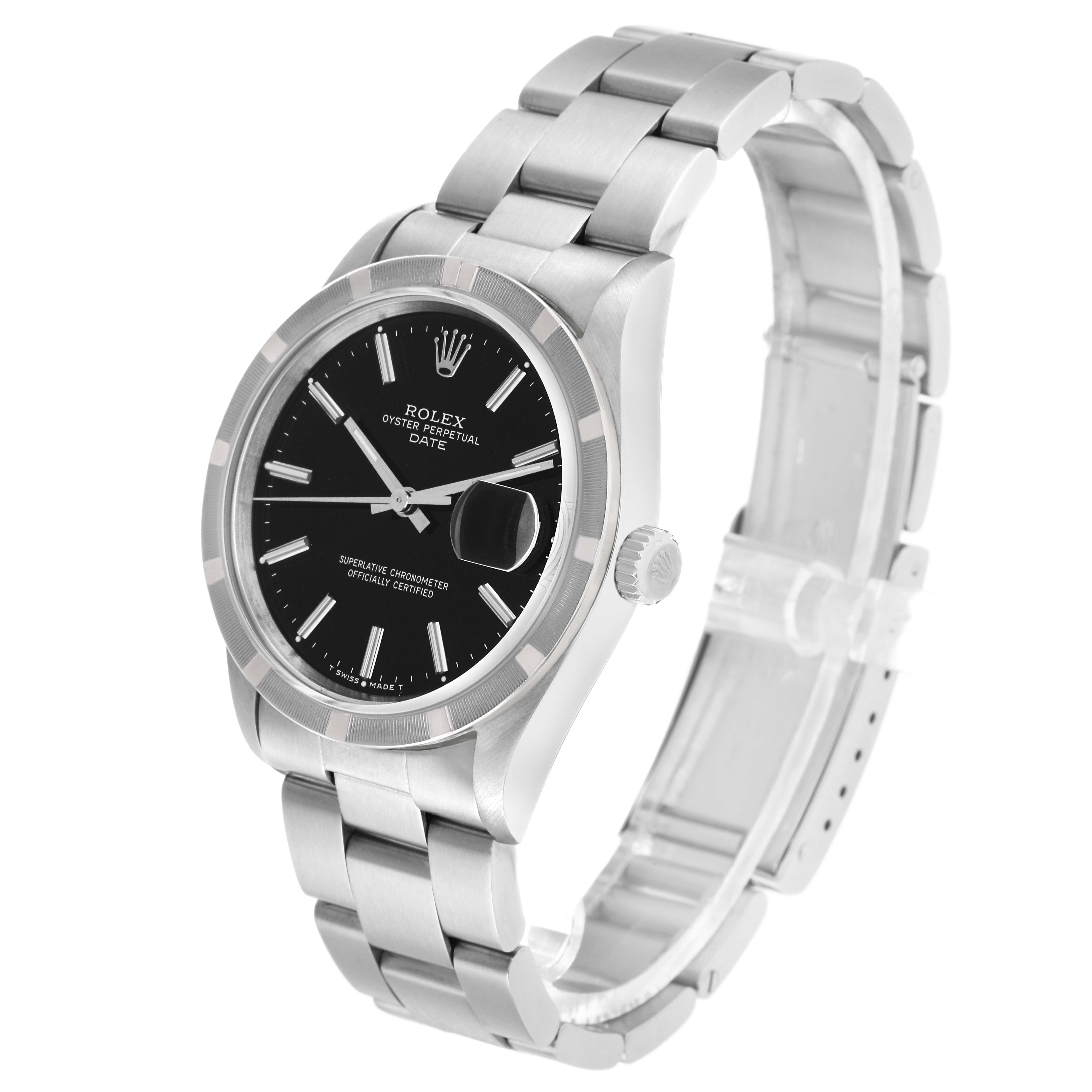 The Rolex Date 15210 Men's Stainless Steel Black Dial watch is shown at a three-quarter angle, displaying the dial, bezel, crown, and part of the metal bracelet.