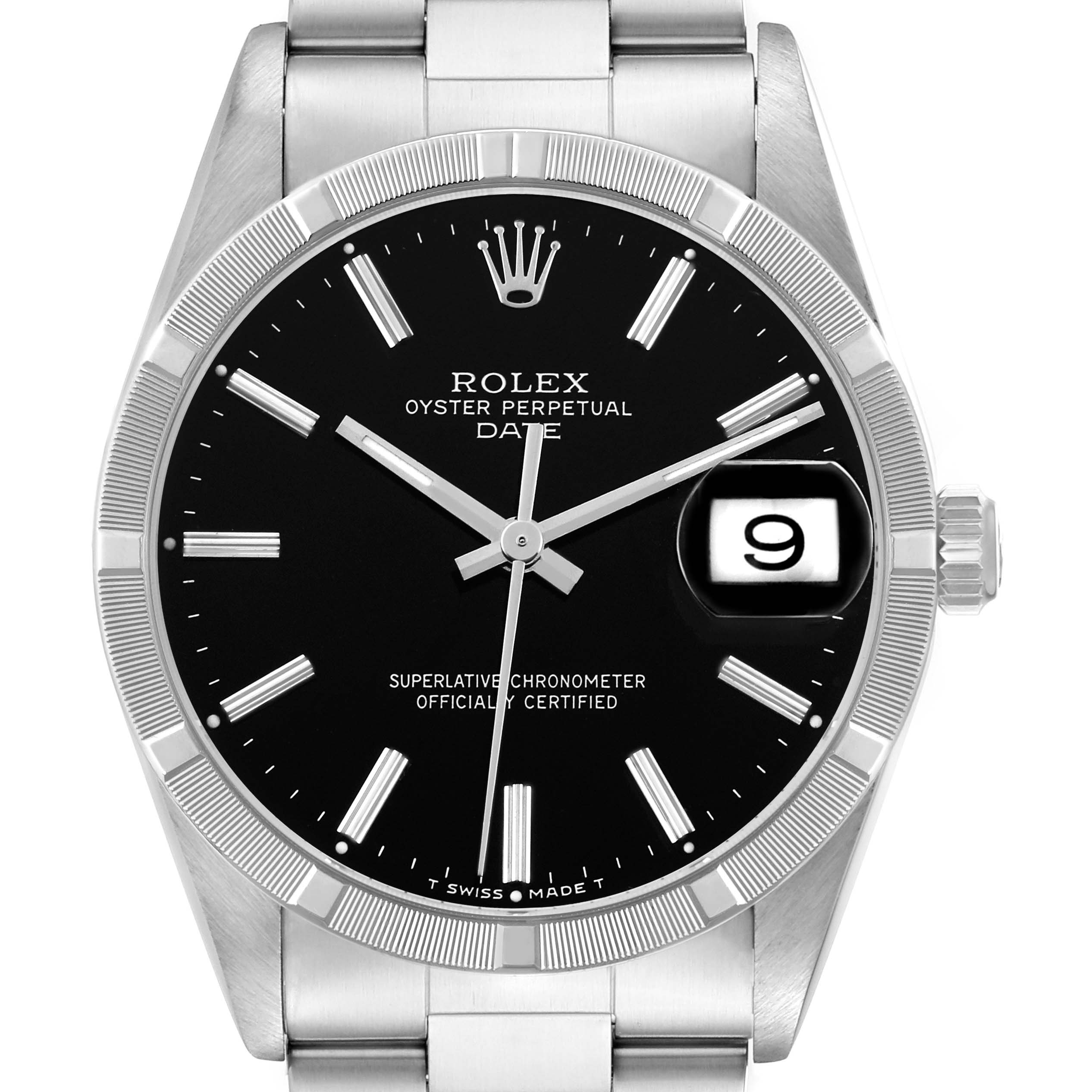 The image shows a front view of a Rolex Date 15210 Men's Stainless Steel Black Dial model, featuring the black dial, fluted bezel, date window, and crown.