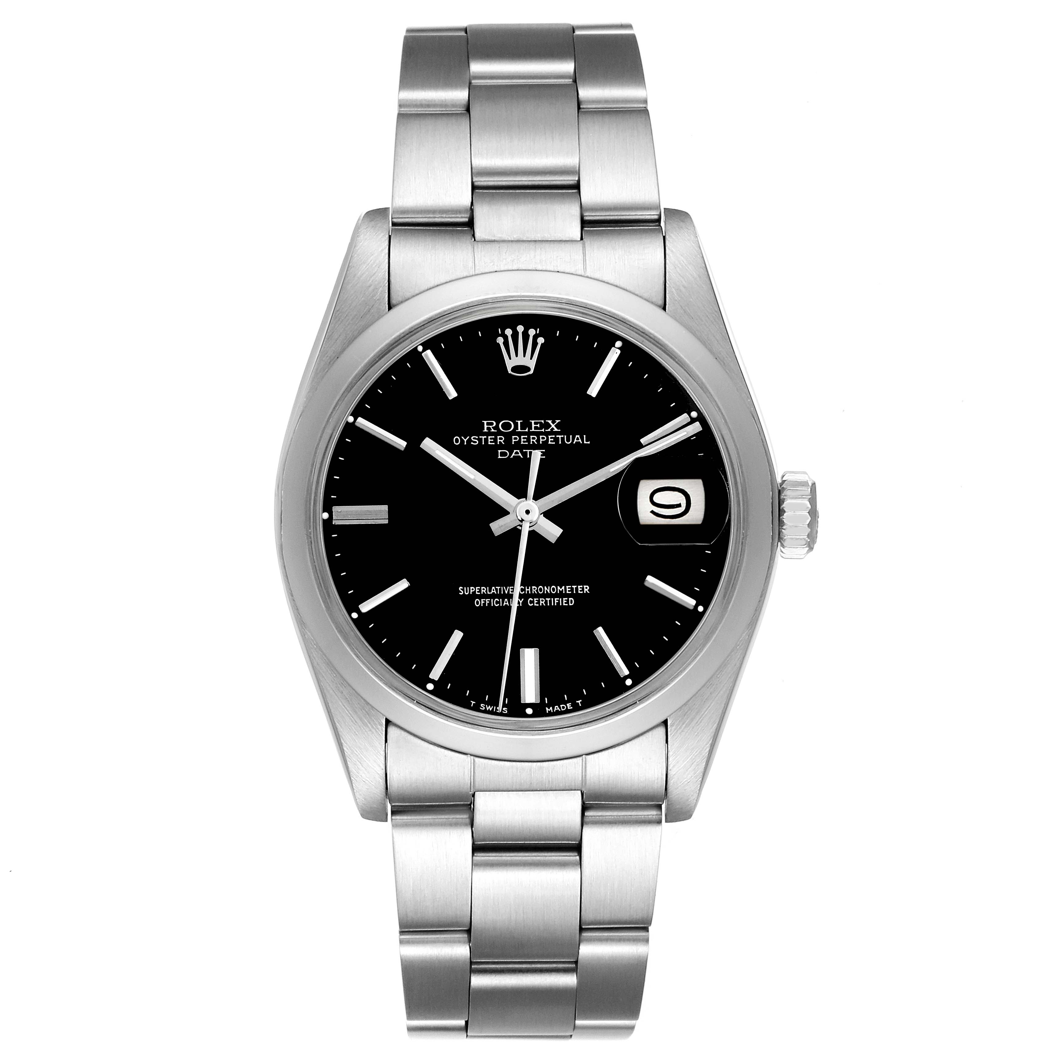 The Rolex Date 1500 Men
s Stainless Steel Black Dial 1500 Men
s Stainless Steel Black Dial watch is shown from a top-down angle, displaying the face, bezel, bracelet, and crown.