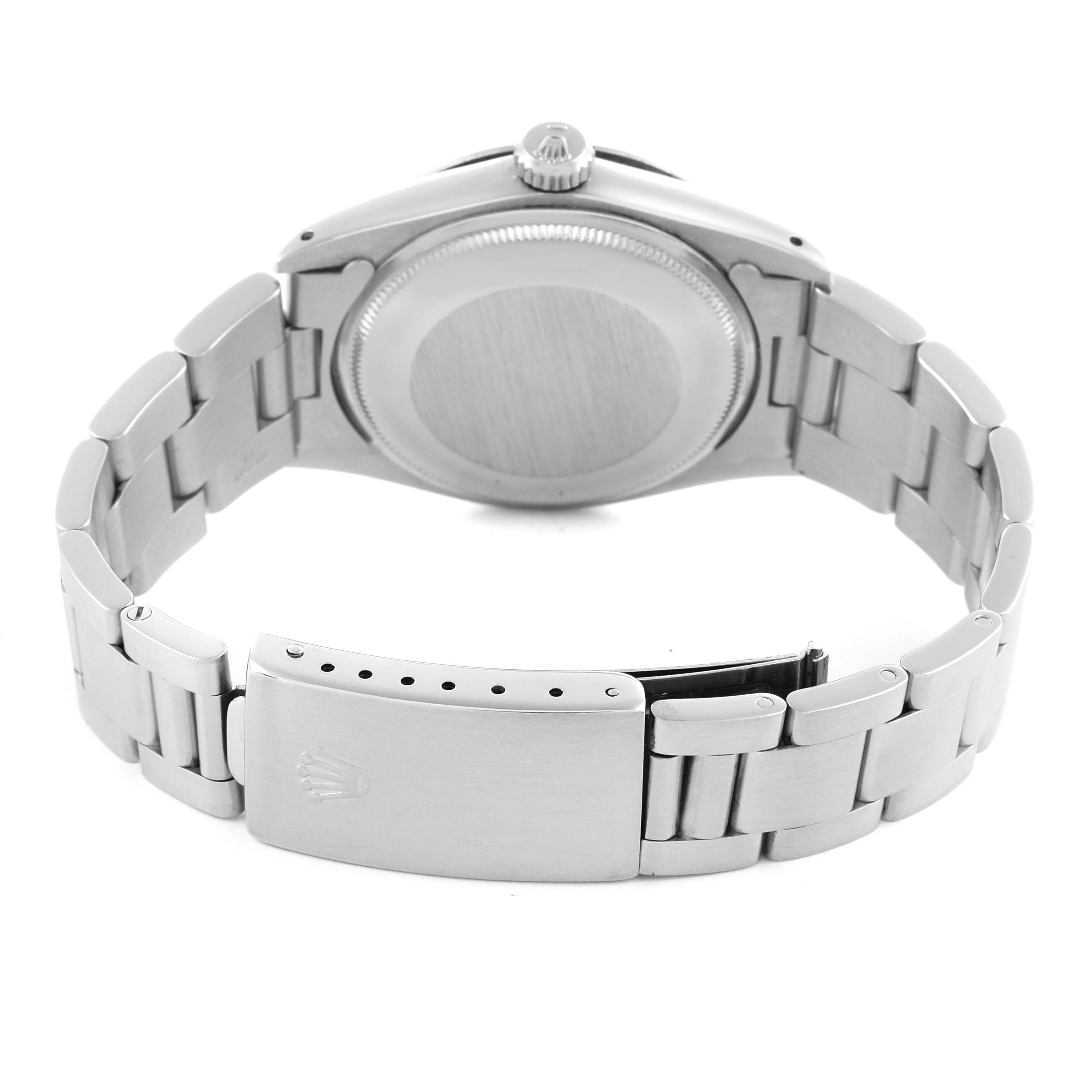 The image shows the back and clasp of a Rolex Date 1500 Men
s Stainless Steel Black Dial 1500 Men
s Stainless Steel Black Dial watch, displaying the bracelet and caseback at a rear angle.