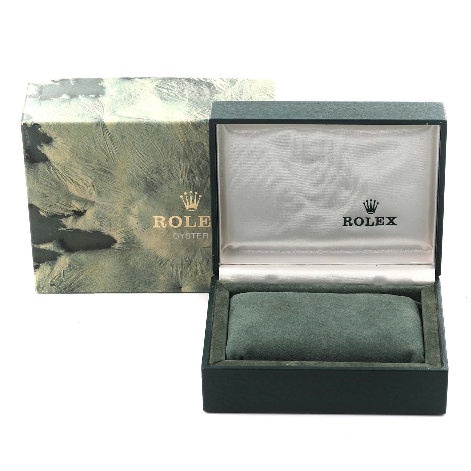 The image shows a Rolex Date 1500 Men
s Stainless Steel Black Dial 1500 Men
s Stainless Steel Black Dial model watch box and its cushion, viewed from the front.