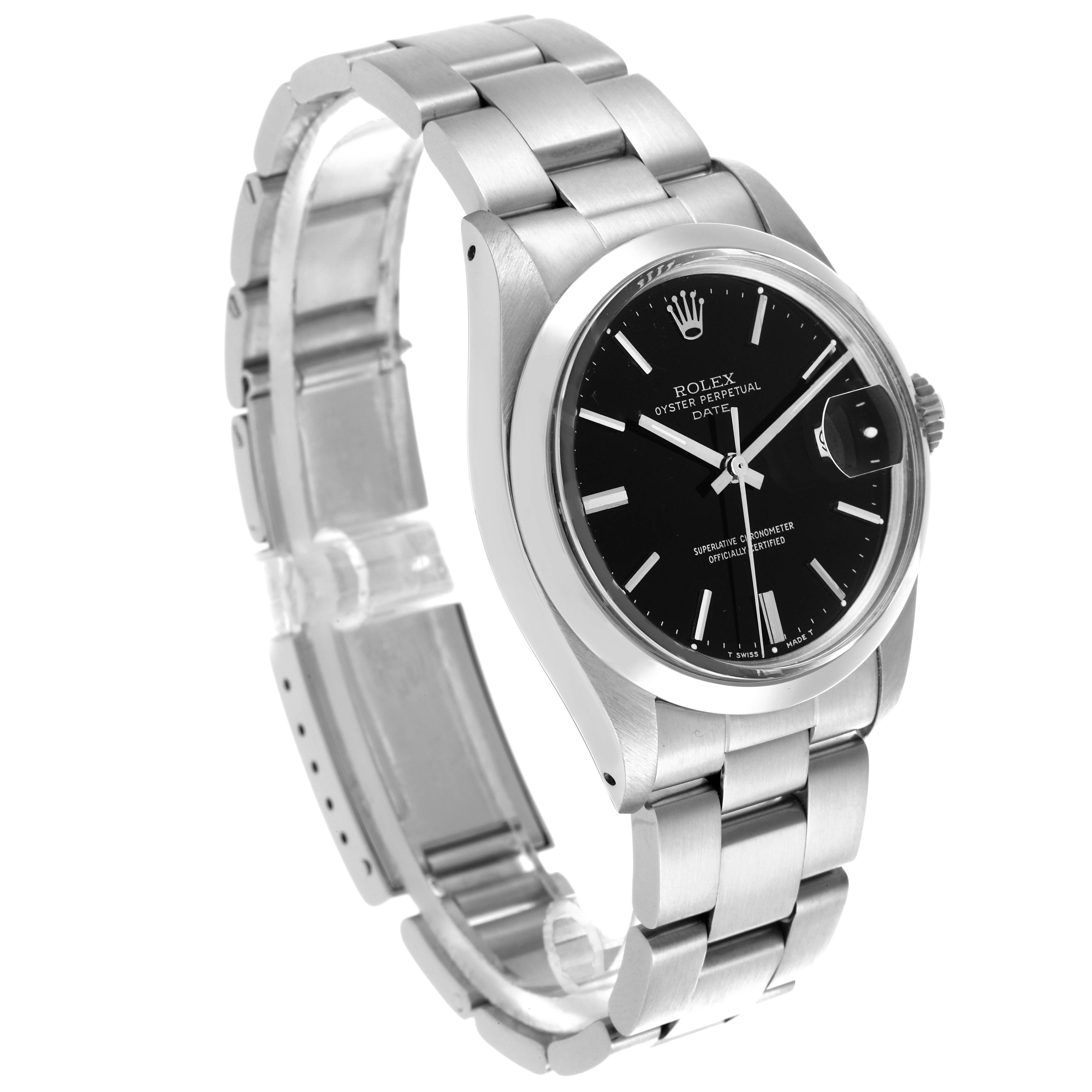 The Rolex Date 1500 Men
s Stainless Steel Black Dial 1500 Men
s Stainless Steel Black Dial watch is shown at a slight angle, displaying the face, bezel, and part of the bracelet.