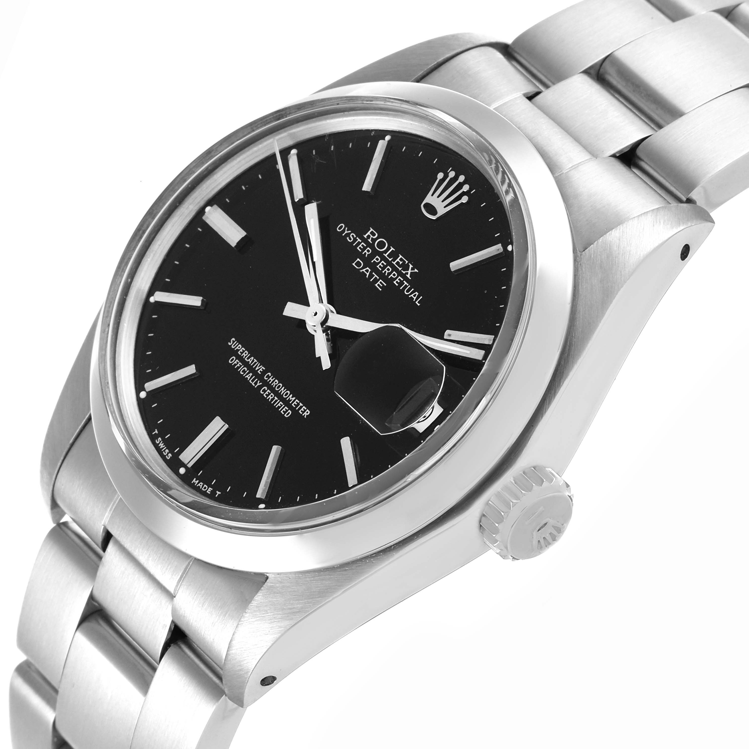 The image shows a Rolex Date 1500 Men
s Stainless Steel Black Dial 1500 Men
s Stainless Steel Black Dial watch from a three-quarter angle, highlighting the dial, bezel, crown, and part of the bracelet.