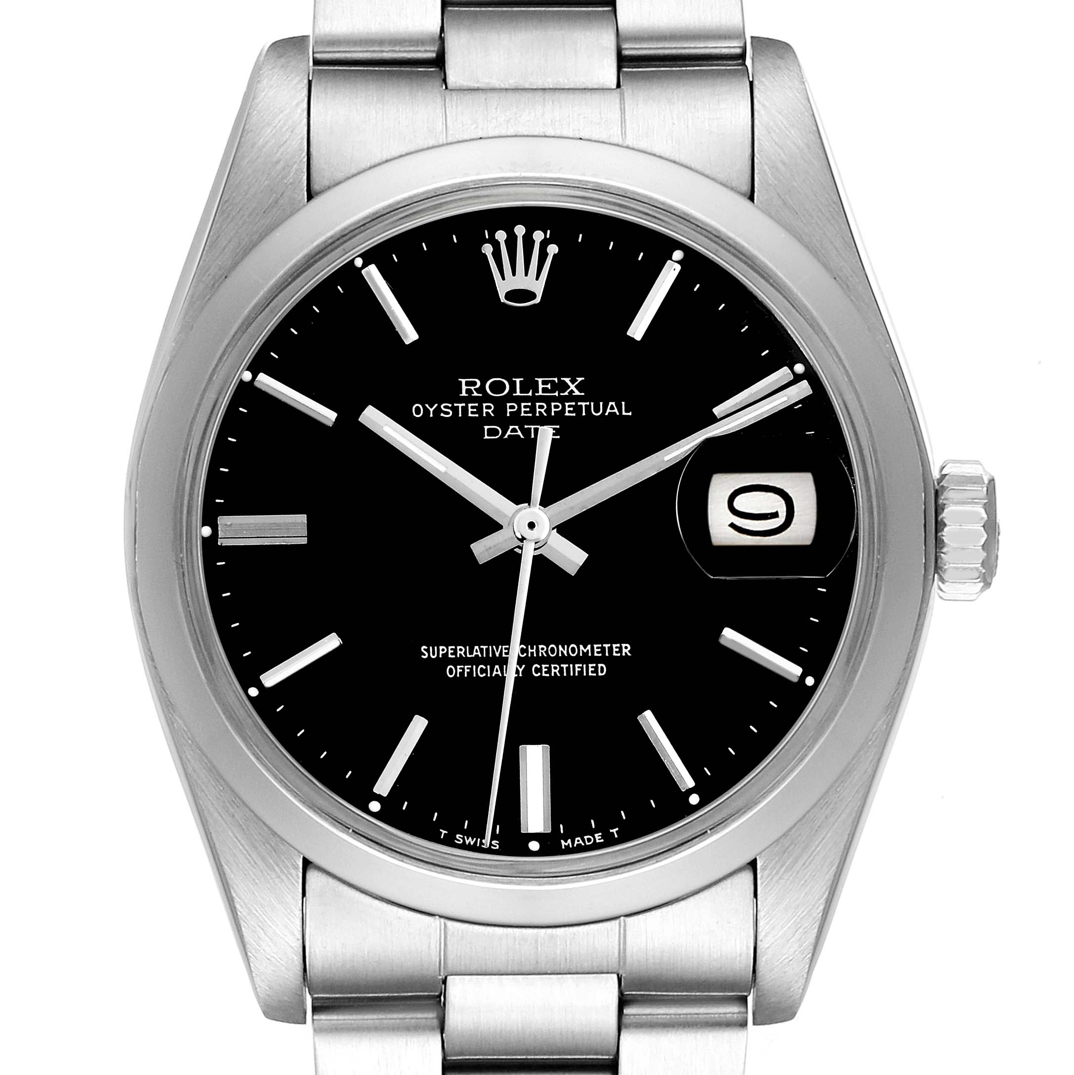 The image shows a front view of the Rolex Date 1500 Men
s Stainless Steel Black Dial 1500 Men
s Stainless Steel Black Dial watch, highlighting the black dial, hands, date window, and crown.
