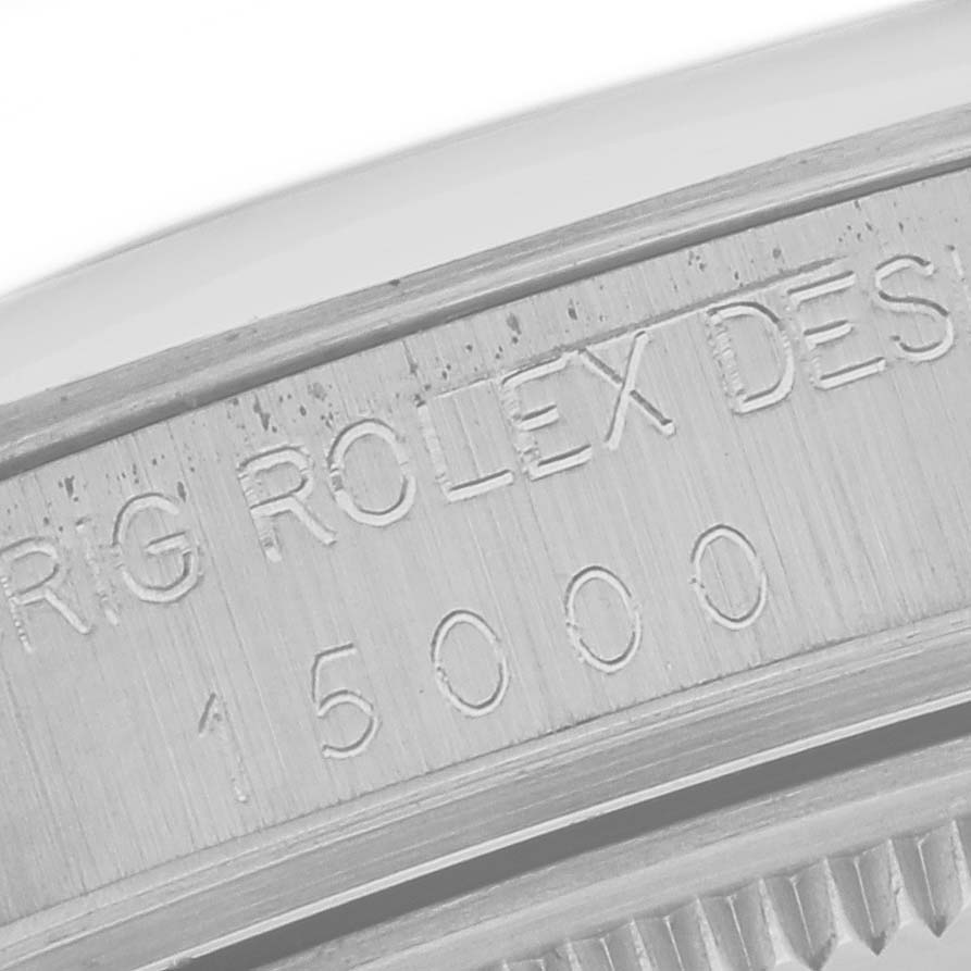 The image shows a close-up angle of the side engraving on a Rolex Date 15000 Men's Stainless Steel Silver Dial 15000 Men's Stainless Steel Silver Dial model, displaying the brand name and model number.