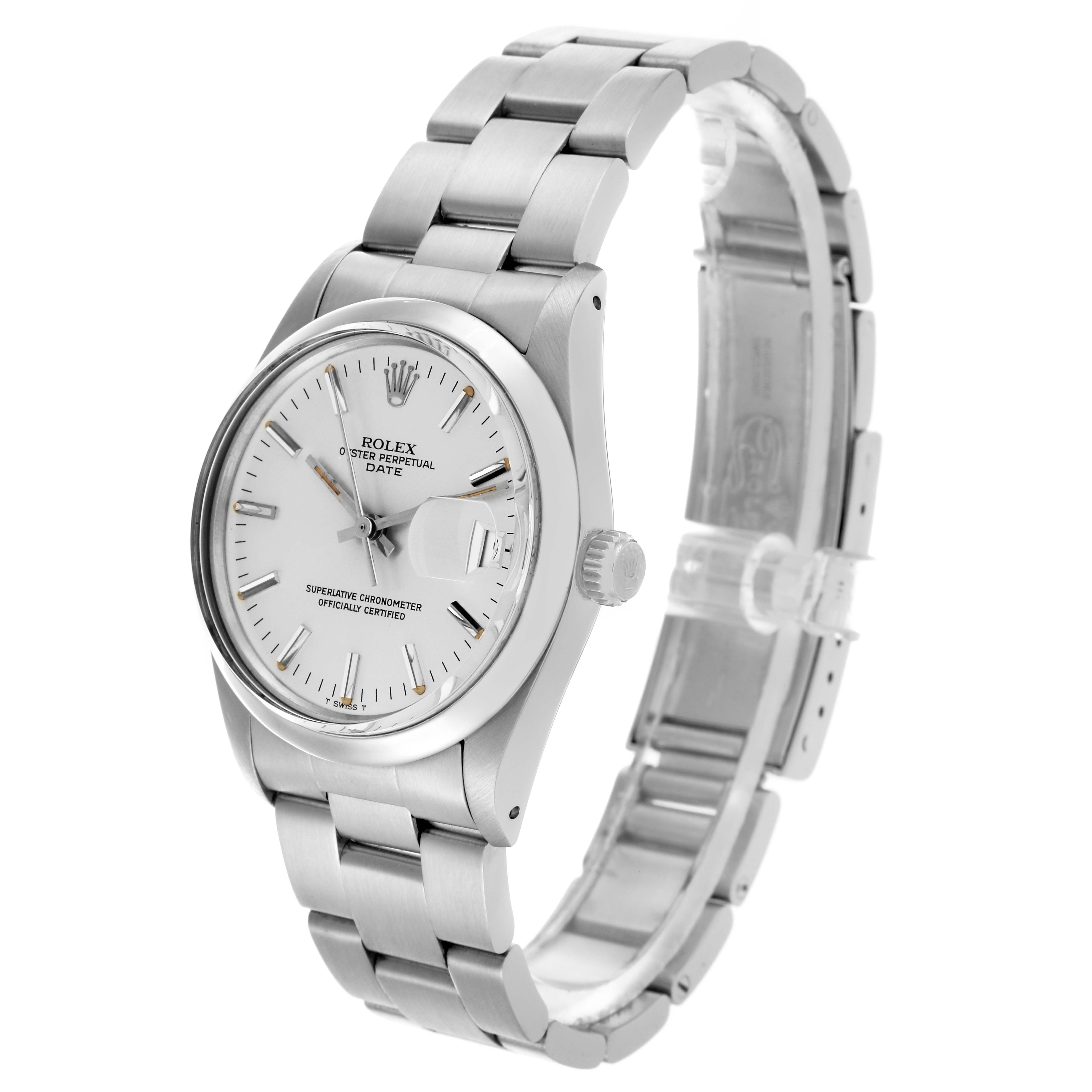 The Rolex Date 15000 Men's Stainless Steel Silver Dial 15000 Men's Stainless Steel Silver Dial watch is shown at a tilted angle, highlighting the dial, bezel, crown, and bracelet.