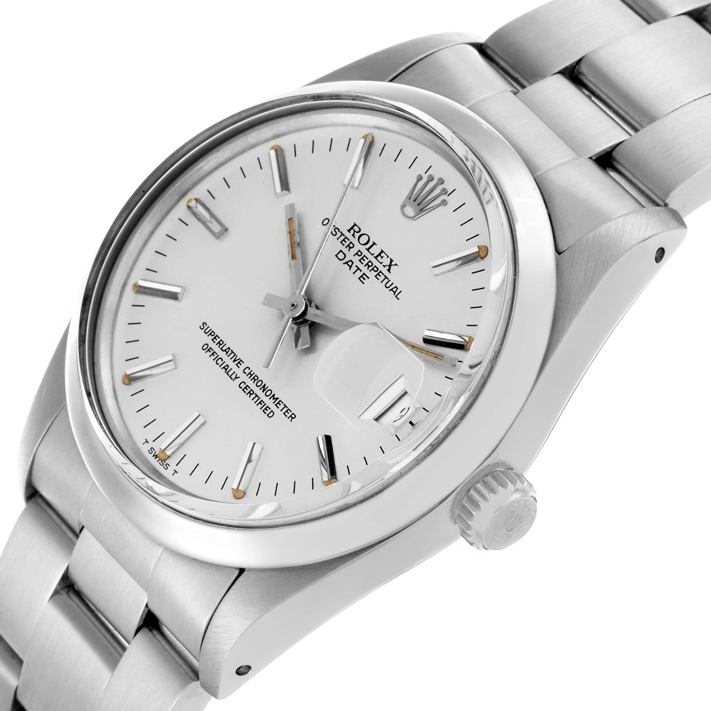 The Rolex Date 15000 Men's Stainless Steel Silver Dial 15000 Men's Stainless Steel Silver Dial watch is shown at a three-quarter angle, highlighting the face, bezel, crown, and part of the bracelet.