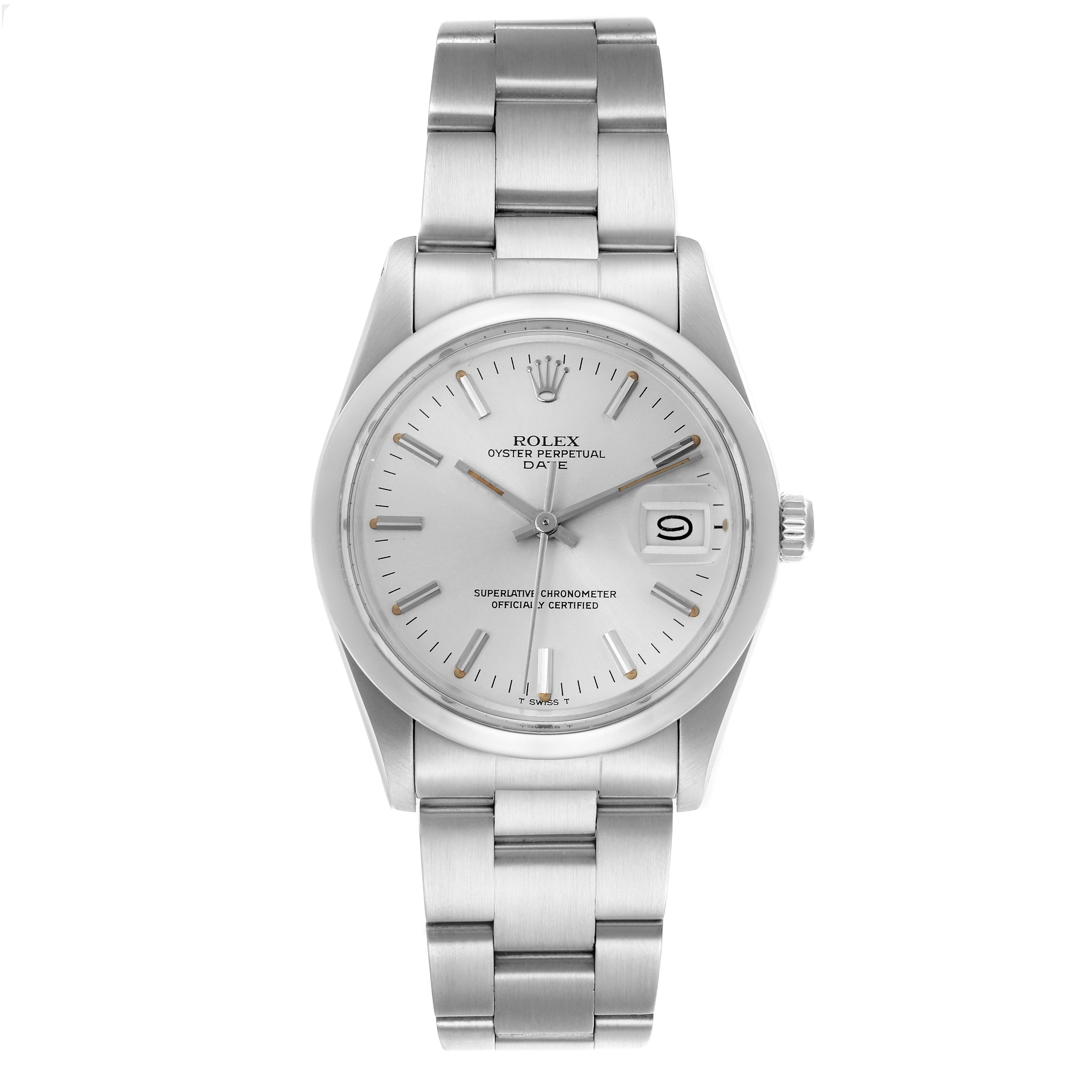 The Rolex Date 15000 Men's Stainless Steel Silver Dial 15000 Men's Stainless Steel Silver Dial watch is shown from the front, displaying the dial, hands, date window, and part of the bracelet.