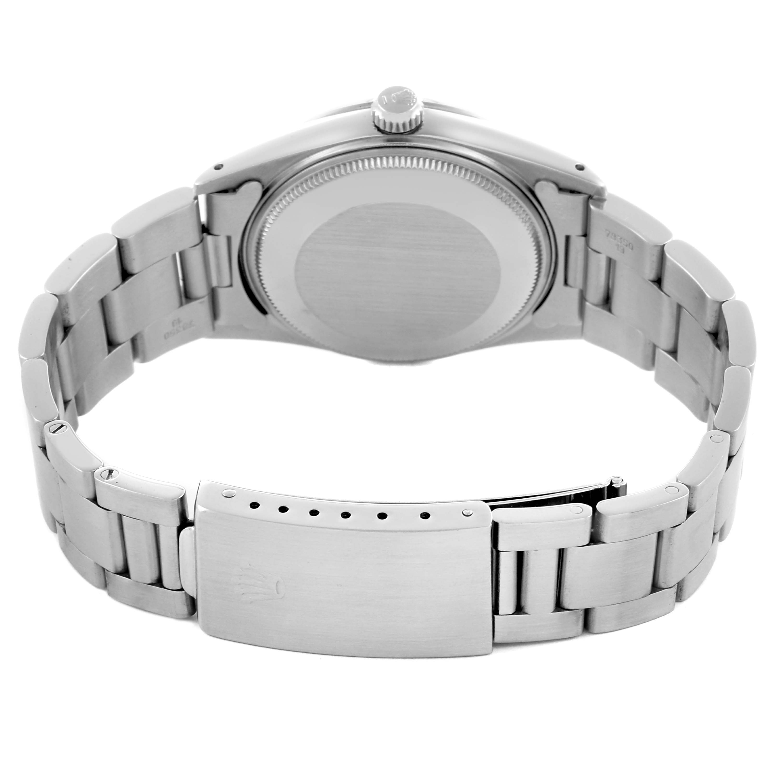 The image shows the back and bracelet of a Rolex Date 15000 Men's Stainless Steel Silver Dial 15000 Men's Stainless Steel Silver Dial model, focusing on the clasp and case back.