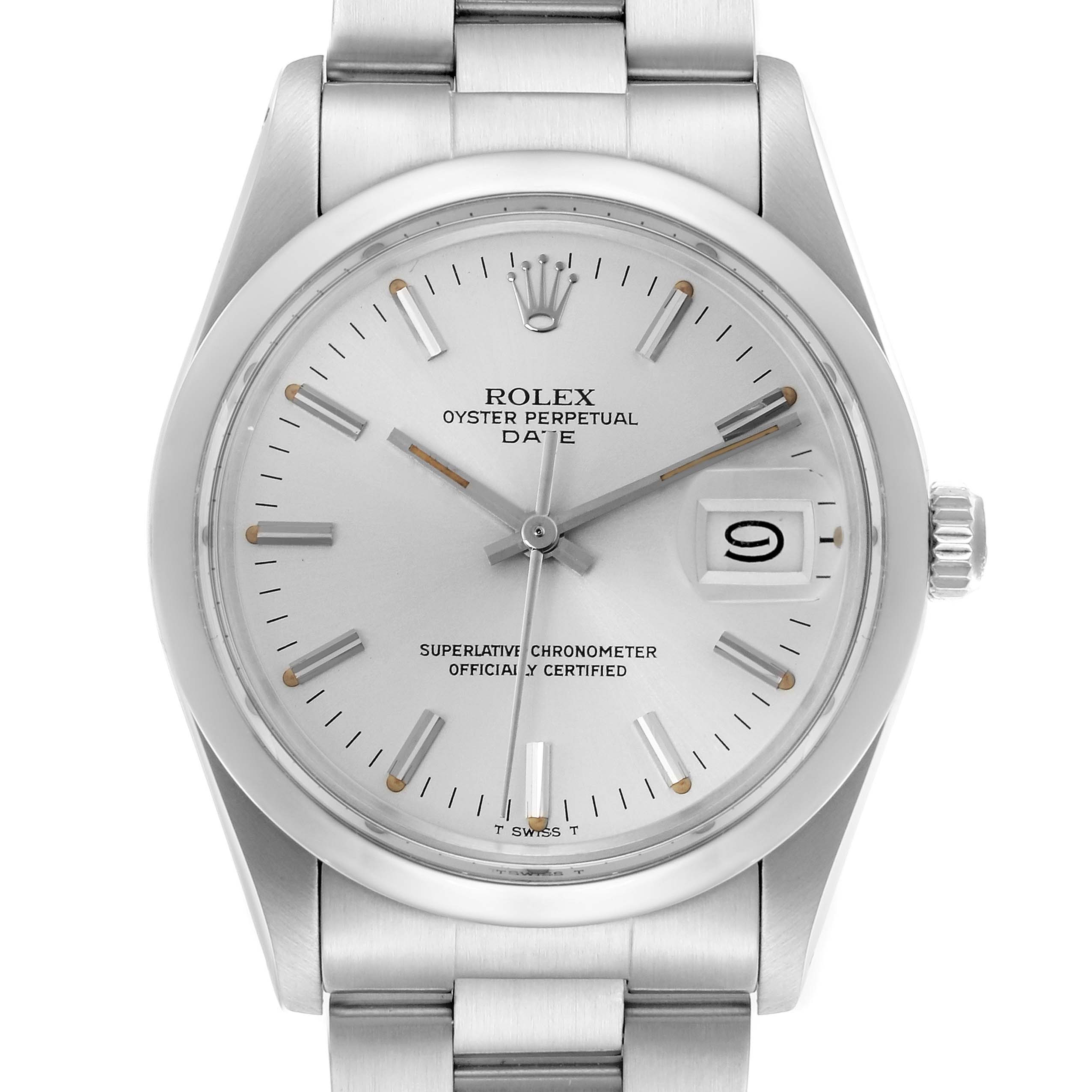 The Rolex Date 15000 Men's Stainless Steel Silver Dial 15000 Men's Stainless Steel Silver Dial watch is shown from a direct top angle, highlighting the dial, bezel, bracelet, and crown.