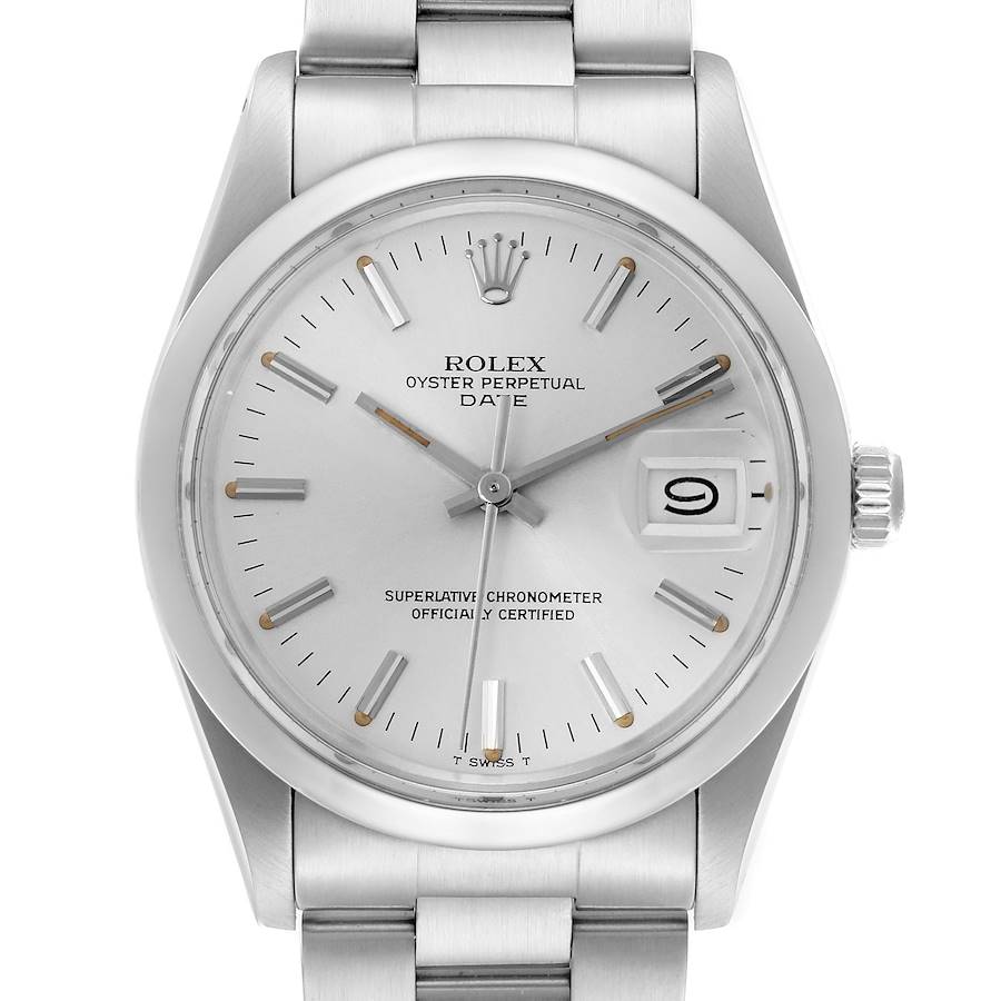 The Rolex Date watch is shown from a direct top angle, highlighting the dial, bezel, bracelet, and crown.