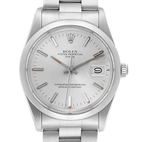 The Rolex Date model is shown from a front angle, displaying the dial, hour markers, hands, date window, and part of the bracelet.