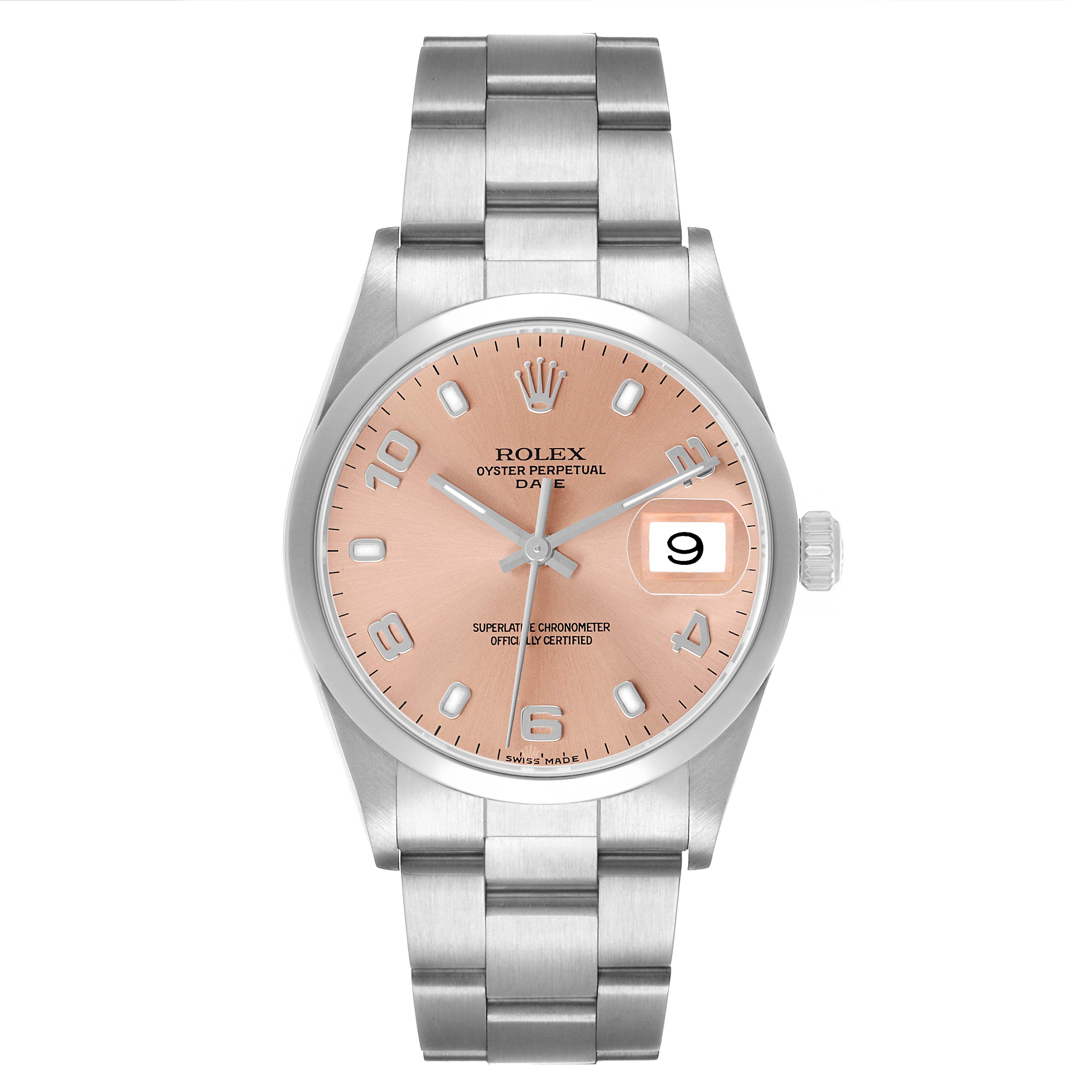 The Rolex Date 15200 Men's Stainless Steel Pink Dial model watch is shown from a front angle, highlighting its dial, bezel, bracelet, and crown.