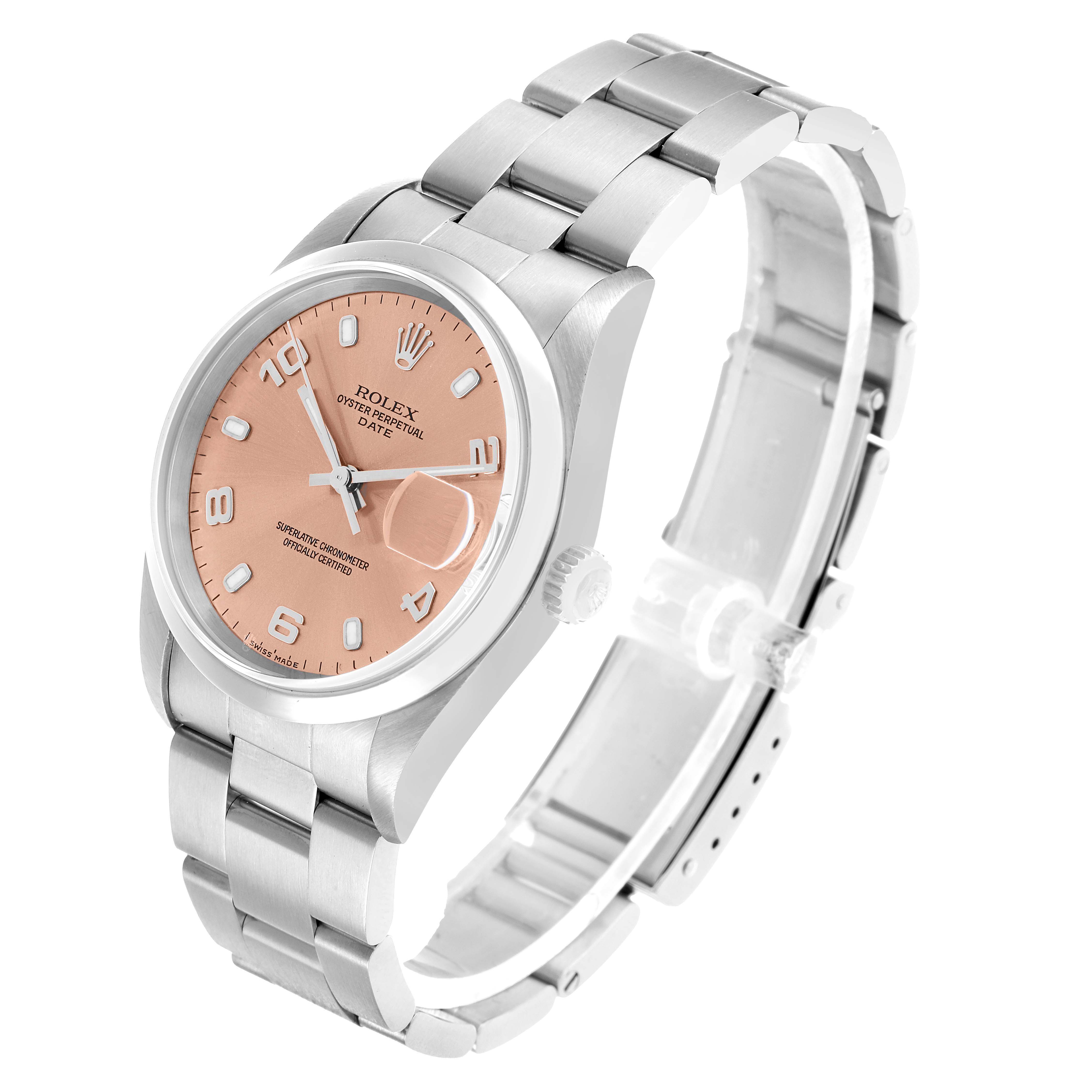 The Rolex Date 15200 Men's Stainless Steel Pink Dial model is shown at a slight angle, displaying the face, bezel, bracelet, and clasp.