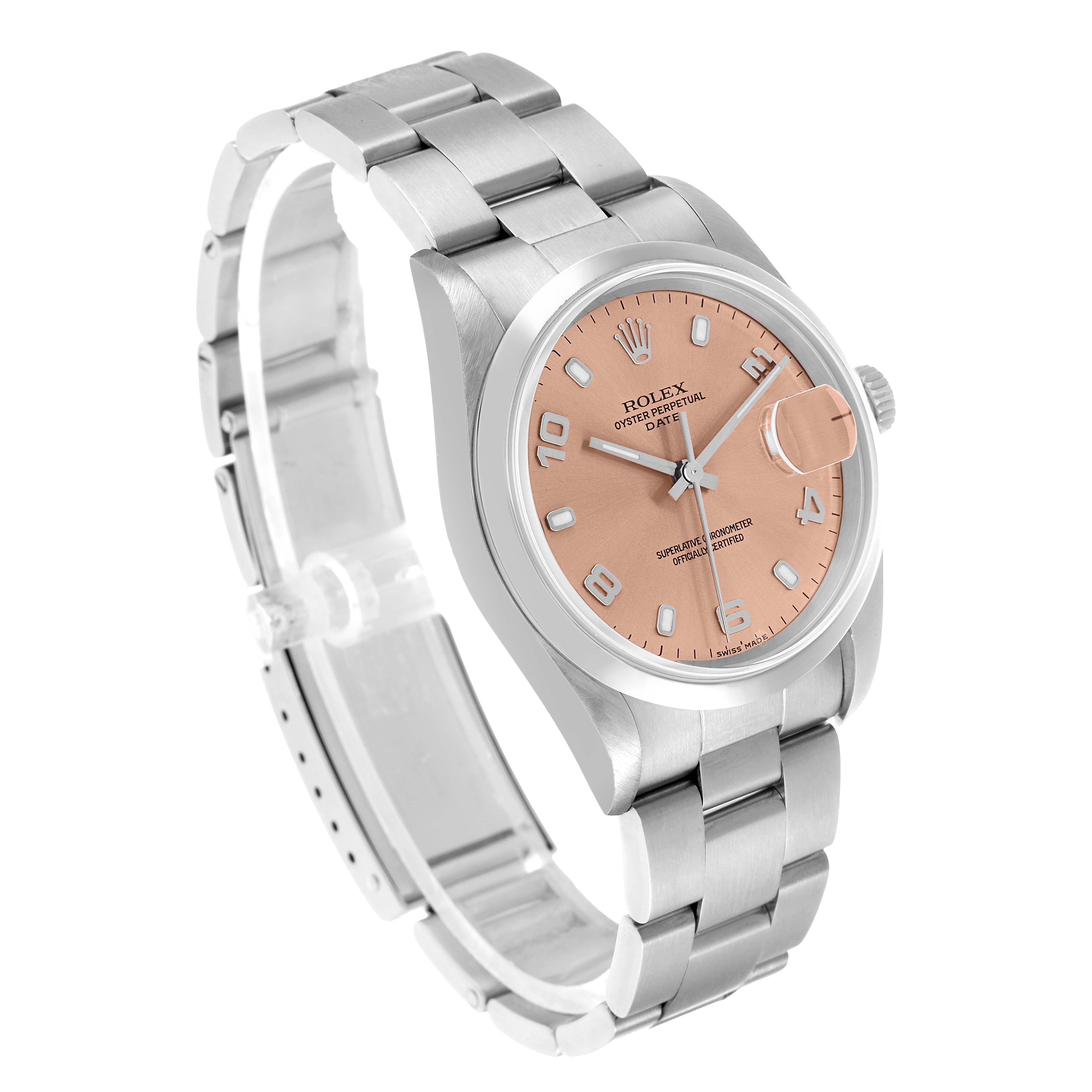 The Rolex Date 15200 Men's Stainless Steel Pink Dial model is shown at a slight angle, highlighting the bracelet, case, and rose gold dial.