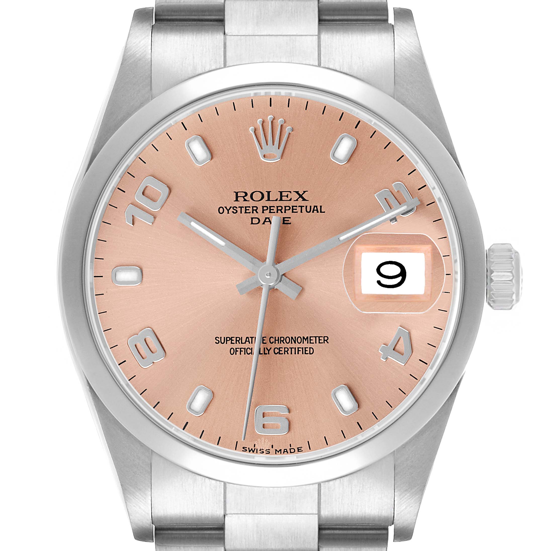 The Rolex Date 15200 Men's Stainless Steel Pink Dial model is shown from a front angle highlighting the dial, bezel, hands, crown, and part of the bracelet.