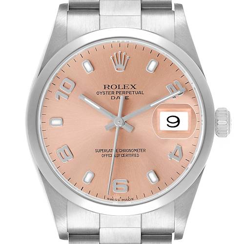 The Rolex Date 15200 Men's Stainless Steel Pink Dial watch is shown from a front angle, displaying the dial, hands, markers, date window, crown, and part of the bracelet.
